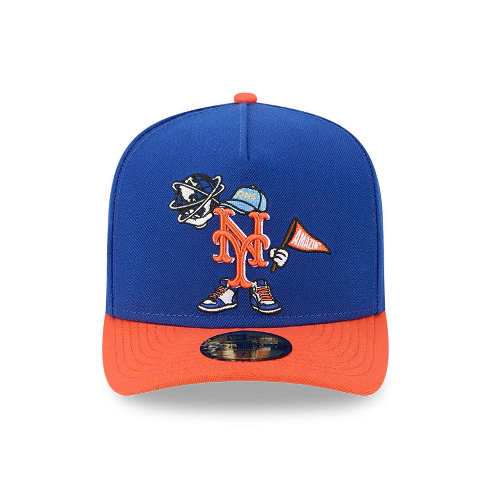 New York Mets MLB Cartoon Blue New Era 59FIFTY A-Frame Fitted Cap, front view showing a cartoon Mets logo with a character on the structured blue crown, paired with an orange visor and gold 59FIFTY size sticker.