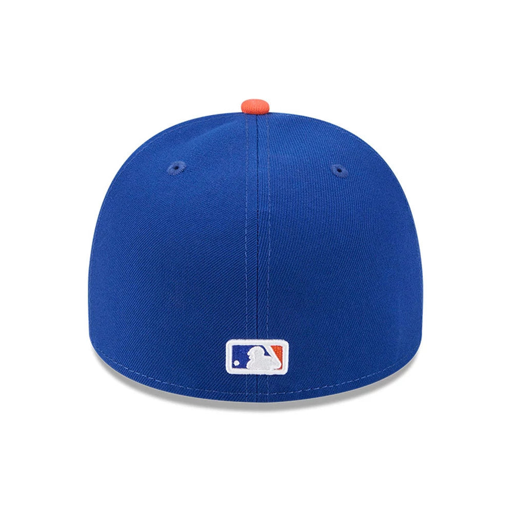 New York Mets MLB Cartoon Blue New Era 59FIFTY A-Frame Fitted Cap, rear view showing the white embroidered MLB Batterman logo centred on the back panels of the blue crown, with an orange top button.