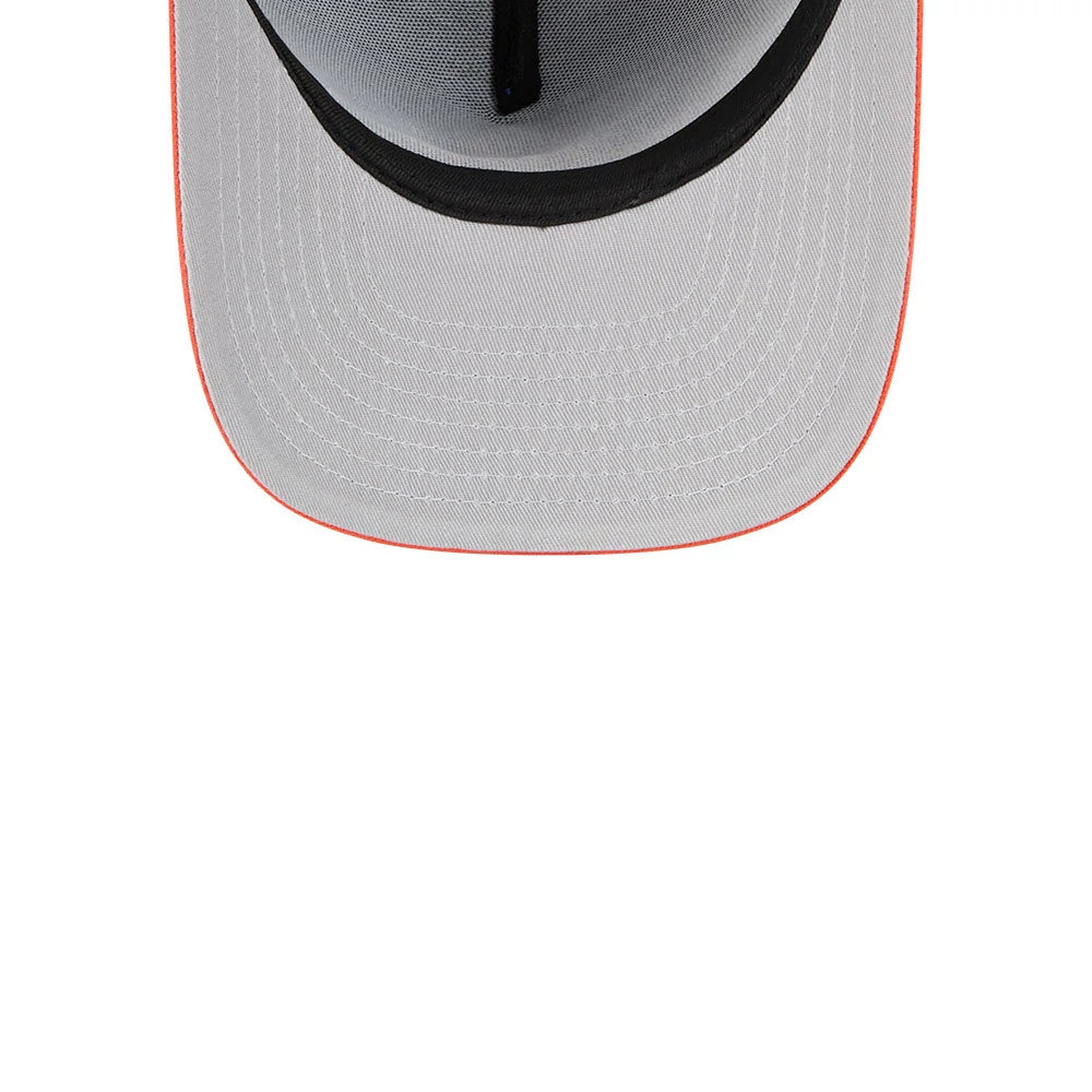 New York Mets MLB Cartoon Blue New Era 59FIFTY A-Frame Fitted Cap, inside view showing the grey undervisor with orange piping, black sweatband lined around the edge, and taping along the interior seams.
