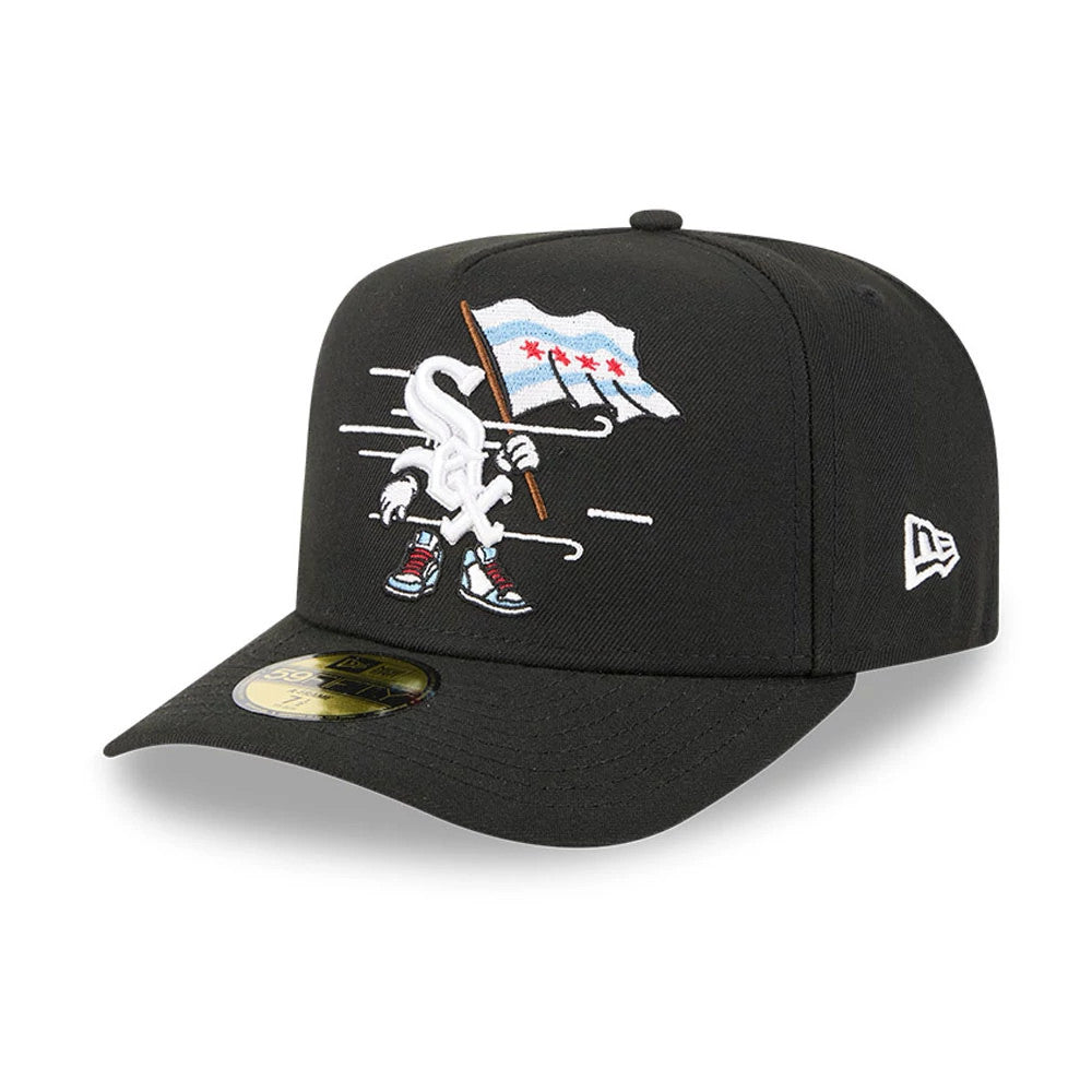 Chicago White Sox MLB Cartoon Black New Era 59FIFTY A-Frame Fitted Cap, three-quarter view showing the raised embroidered cartoon logo on the front panel, white New Era flag logo on left side, and gold 59FIFTY size sticker on the visor.