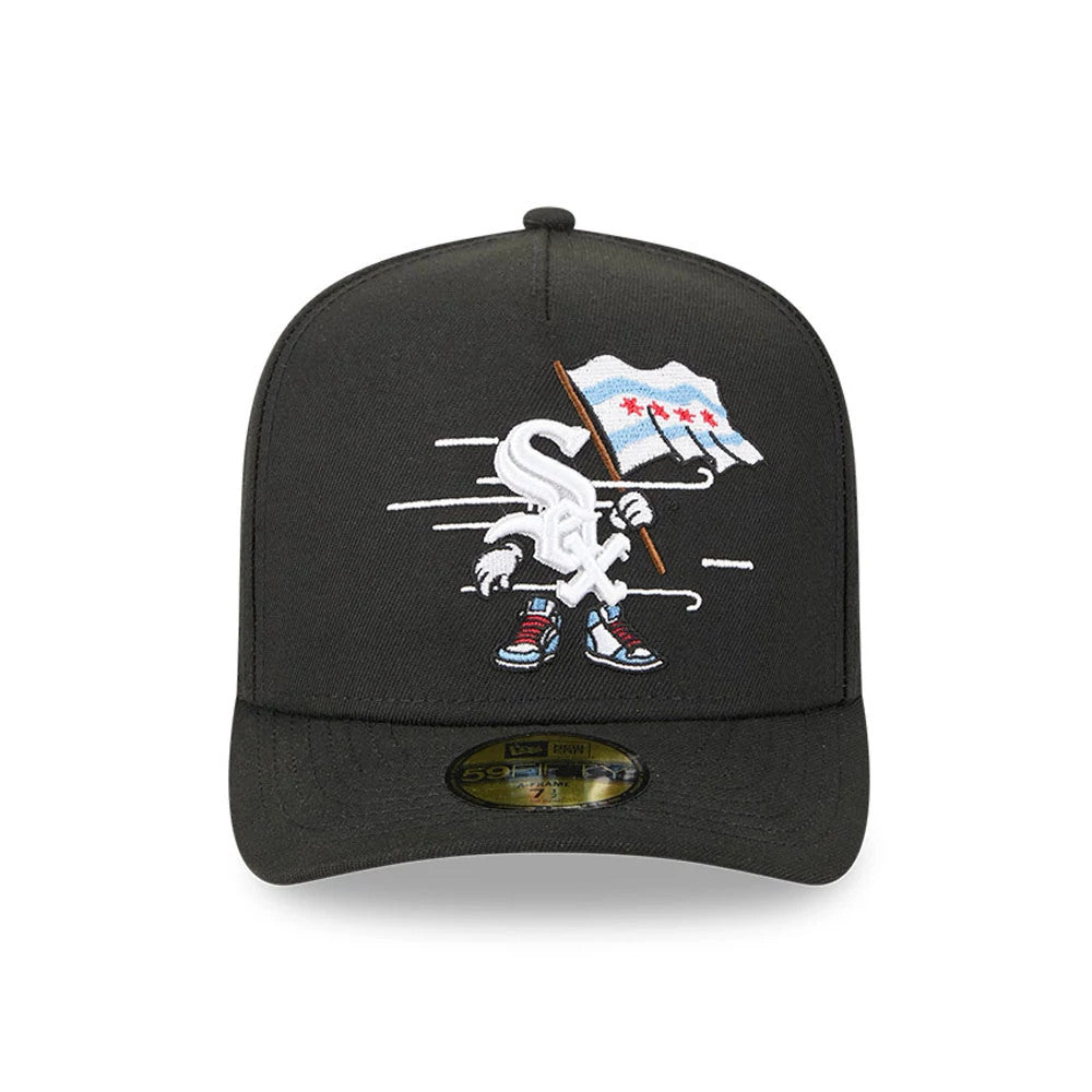 Chicago White Sox MLB Cartoon Black New Era 59FIFTY A-Frame Fitted Cap, front view showing a white embroidered cartoon holding a Chicago flag on the structured black crown with a gold 59FIFTY size sticker on the visor.