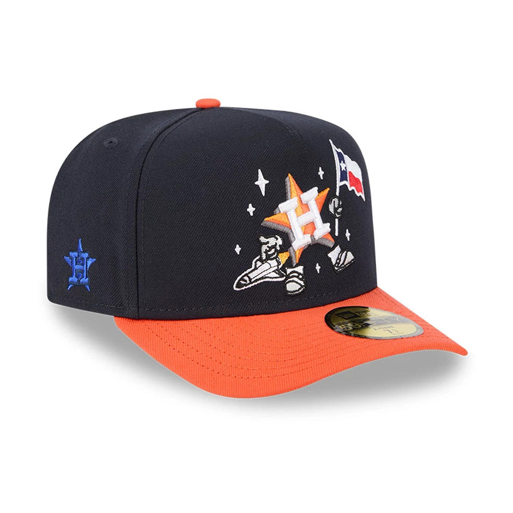 Houston Astros MLB Cartoon Navy New Era 59FIFTY A-Frame Fitted Cap, three-quarter view with a cartoon star and sneakers embroidered on the front panel, orange visor with gold 59FIFTY size sticker, and blue H logo on the left side.