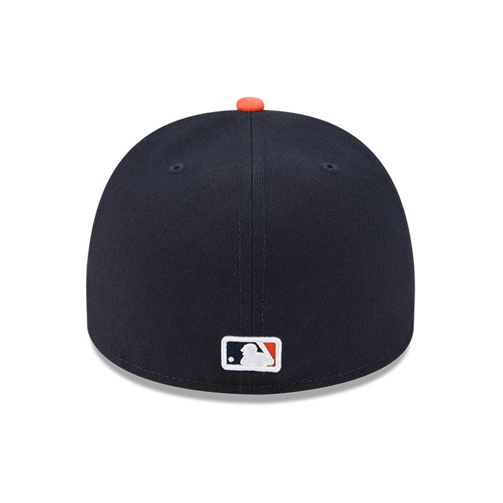 Houston Astros MLB Cartoon Navy New Era 59FIFTY A-Frame Fitted Cap, rear view showing the white and red embroidered MLB Batterman logo centred on the back panels below an orange top button on the structured navy crown.