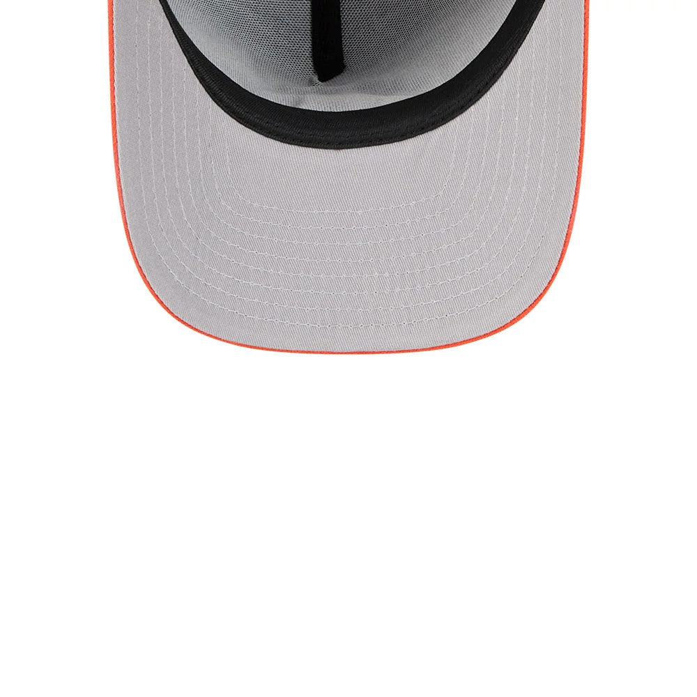 Houston Astros MLB Cartoon Navy New Era 59FIFTY A-Frame Fitted Cap, inside view showing a grey undervisor with orange stitching, a black sweatband lining the base of the grey inner crown, and taping seams running across the panels.