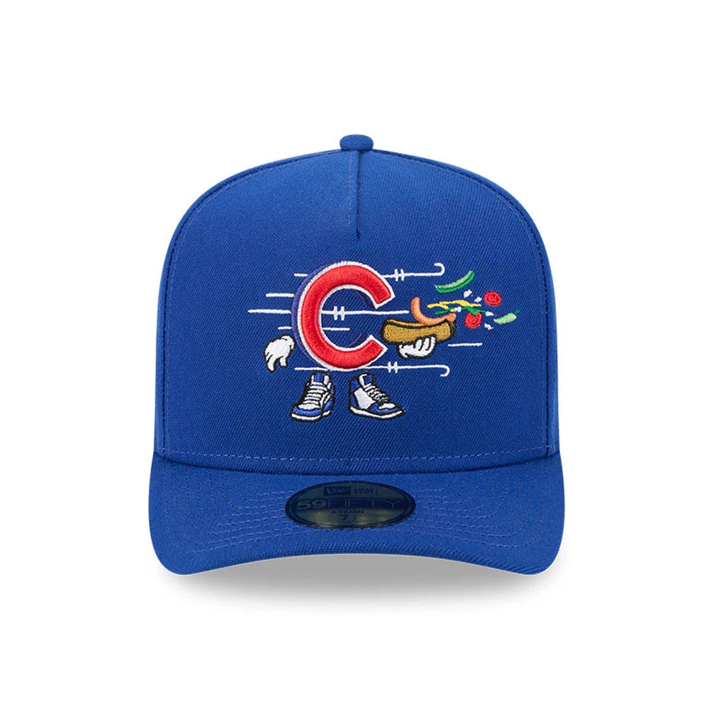 Chicago Cubs MLB Cartoon Blue New Era 59FIFTY A-Frame Fitted Cap, front view showing a cartoon-style Cubs logo with sneakers and a hot dog on the structured blue crown, featuring a 59FIFTY size sticker on the flat visor.