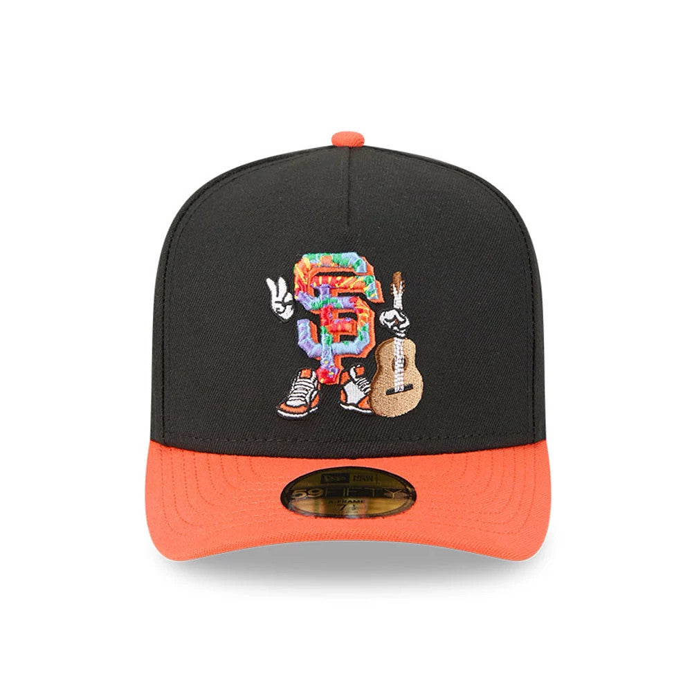 San Francisco Giants MLB Cartoon Black New Era 59FIFTY A-Frame Fitted Cap, front view showing a colourful cartoon character embroidered on the front panel, wearing trainers and holding a guitar, with an orange visor and gold 59FIFTY size sticker.