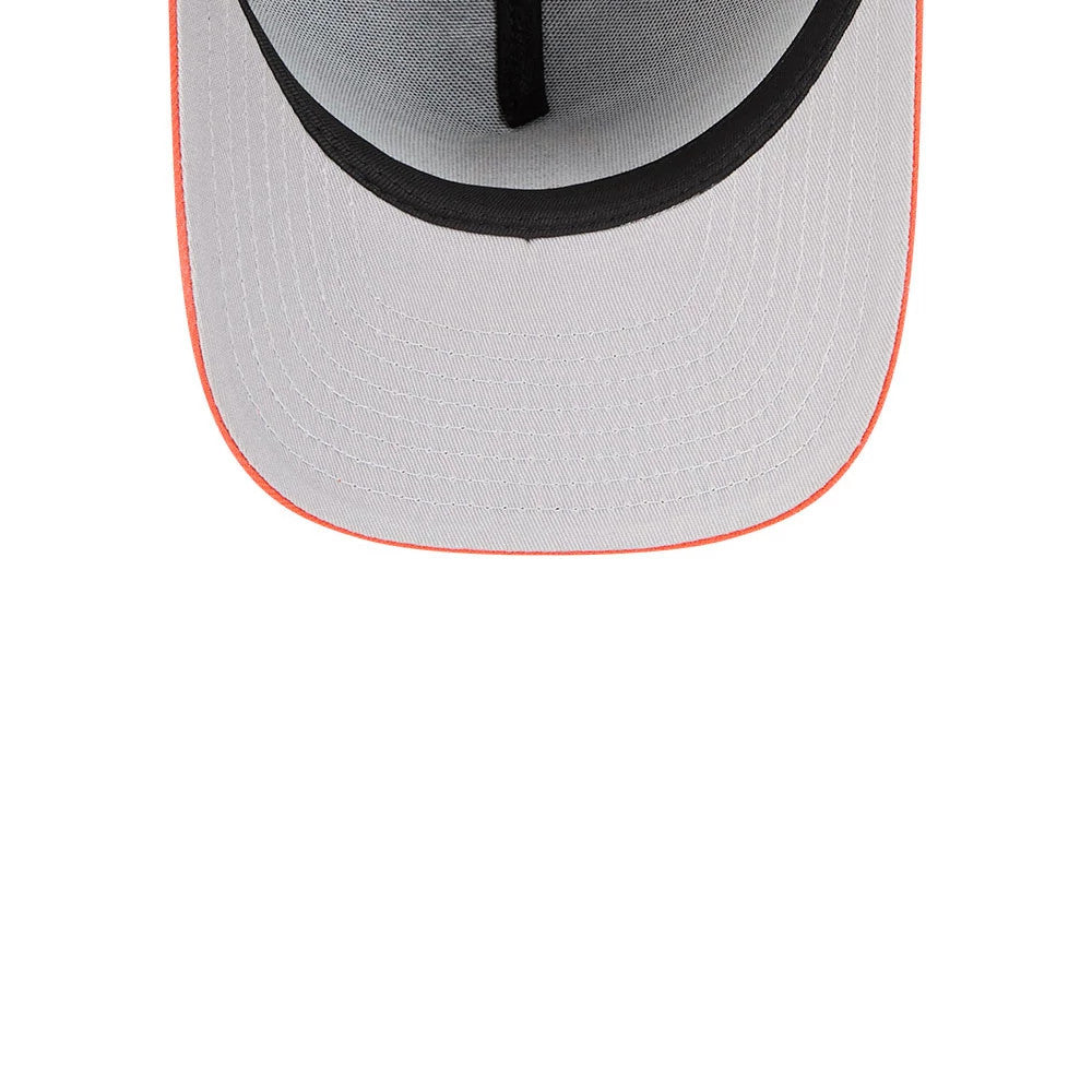 San Francisco Giants MLB Cartoon Black New Era 59FIFTY A-Frame Fitted Cap, inside view showing the black sweatband and taping and a grey undervisor with orange stitching along the visor edge.