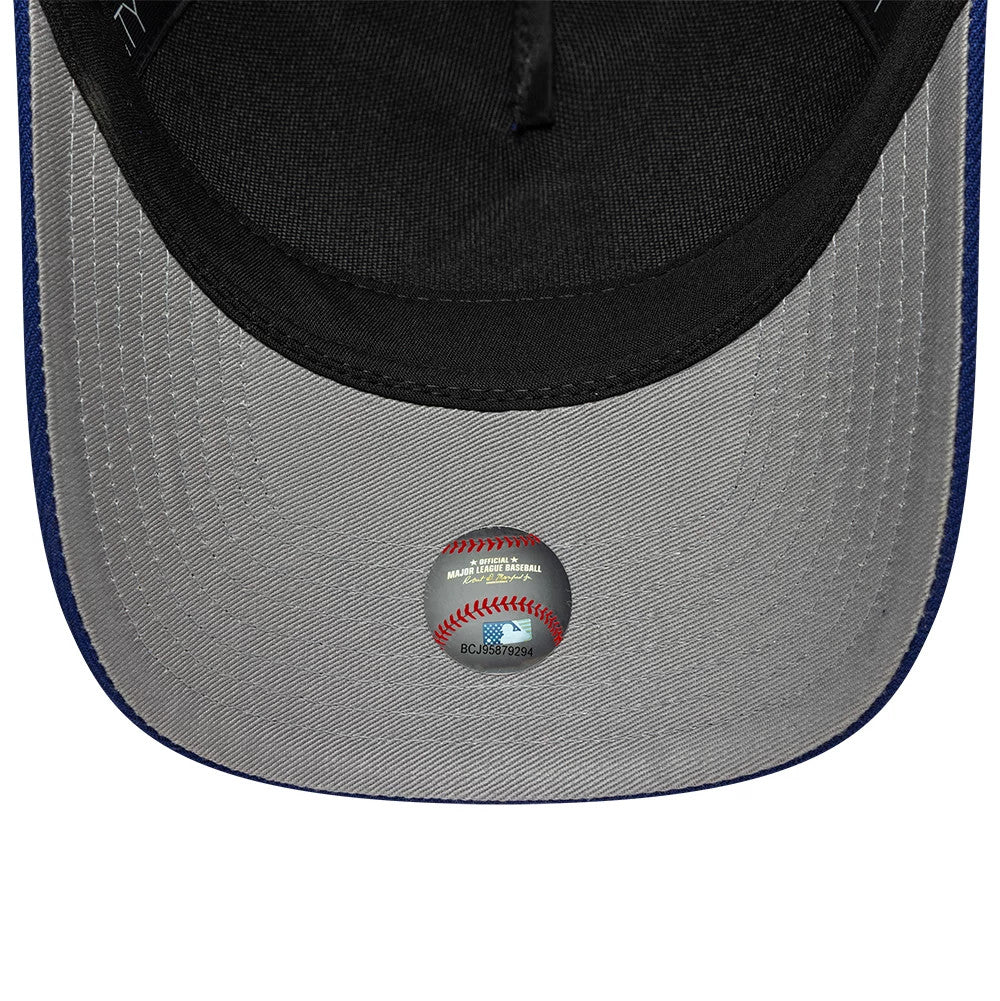 LA Dodgers MLB Emblem Dark Blue New Era 9FORTY M-Crown A-Frame Adjustable Cap, inside view showing the black sweatband and grey undervisor with an official MLB sticker featuring a red stitch pattern and logo.