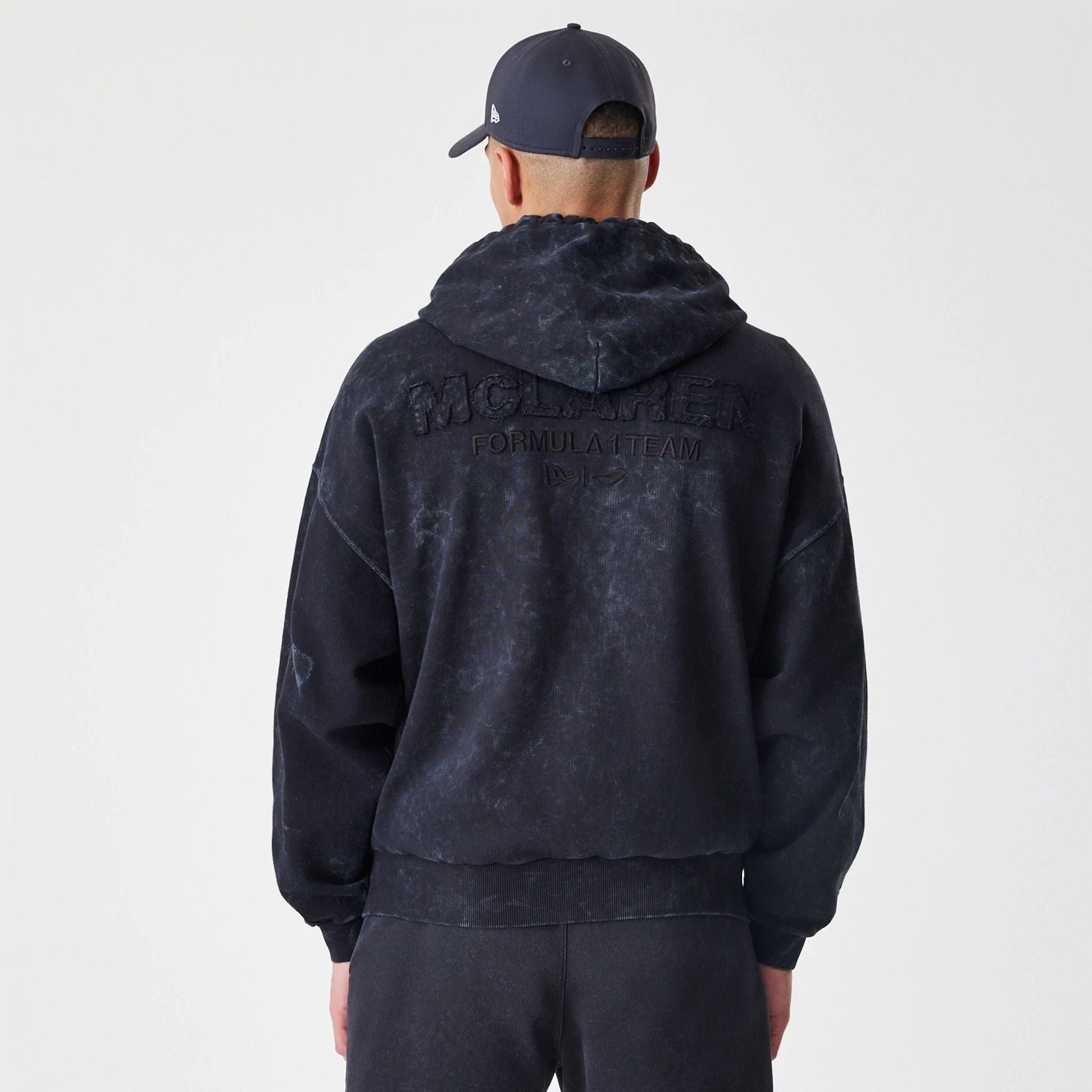 The Male model is wearing McLaren Racing Washed Black Oversized Full Zip Hoodie 2