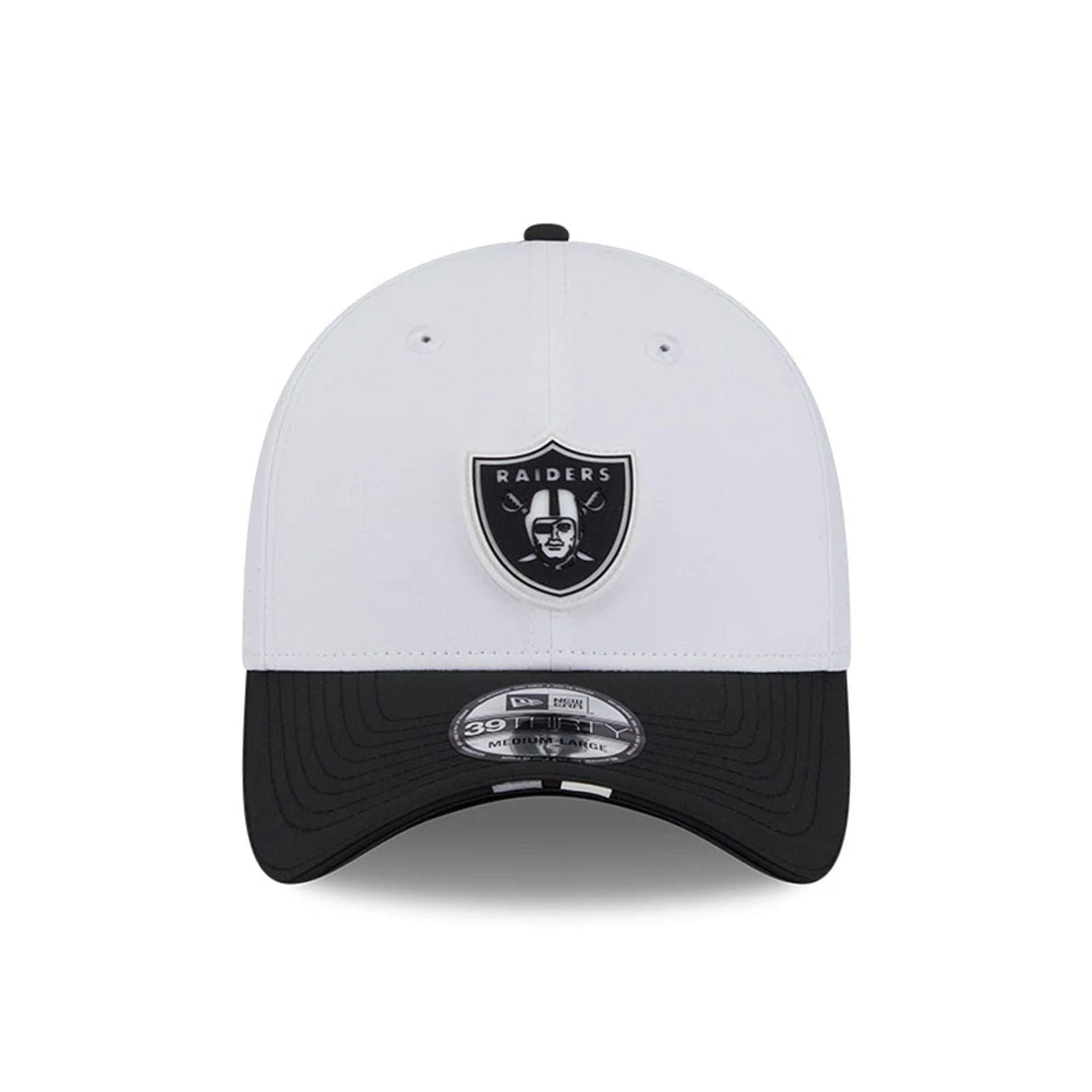 This is a Las Vegas Raiders NFL Training 2025 White 39THIRTY Stretch Fit Cap 2