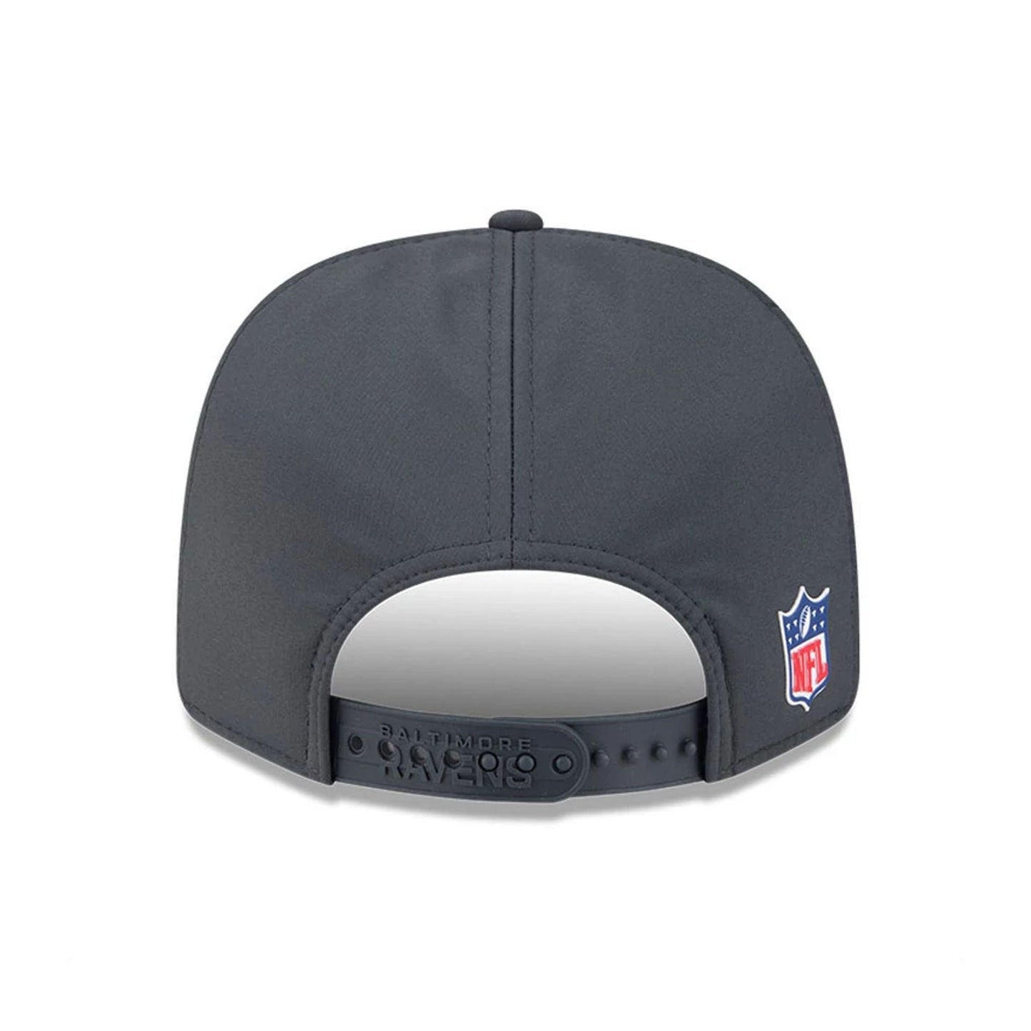 This is a Baltimore Ravens NFL Sideline 2025 Charcoal 9SEVENTY Stretch Snap Adjustable Cap 7
