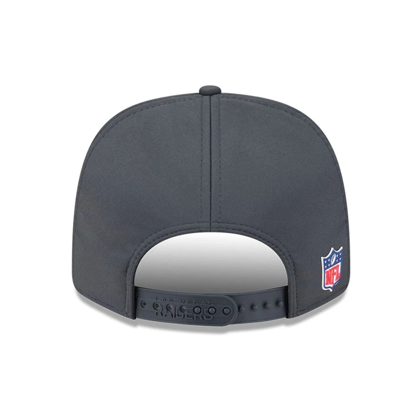 This is a Las Vegas Raiders NFL Sideline 2025 Charcoal 9SEVENTY Stretch Snap Adjustable Cap 7