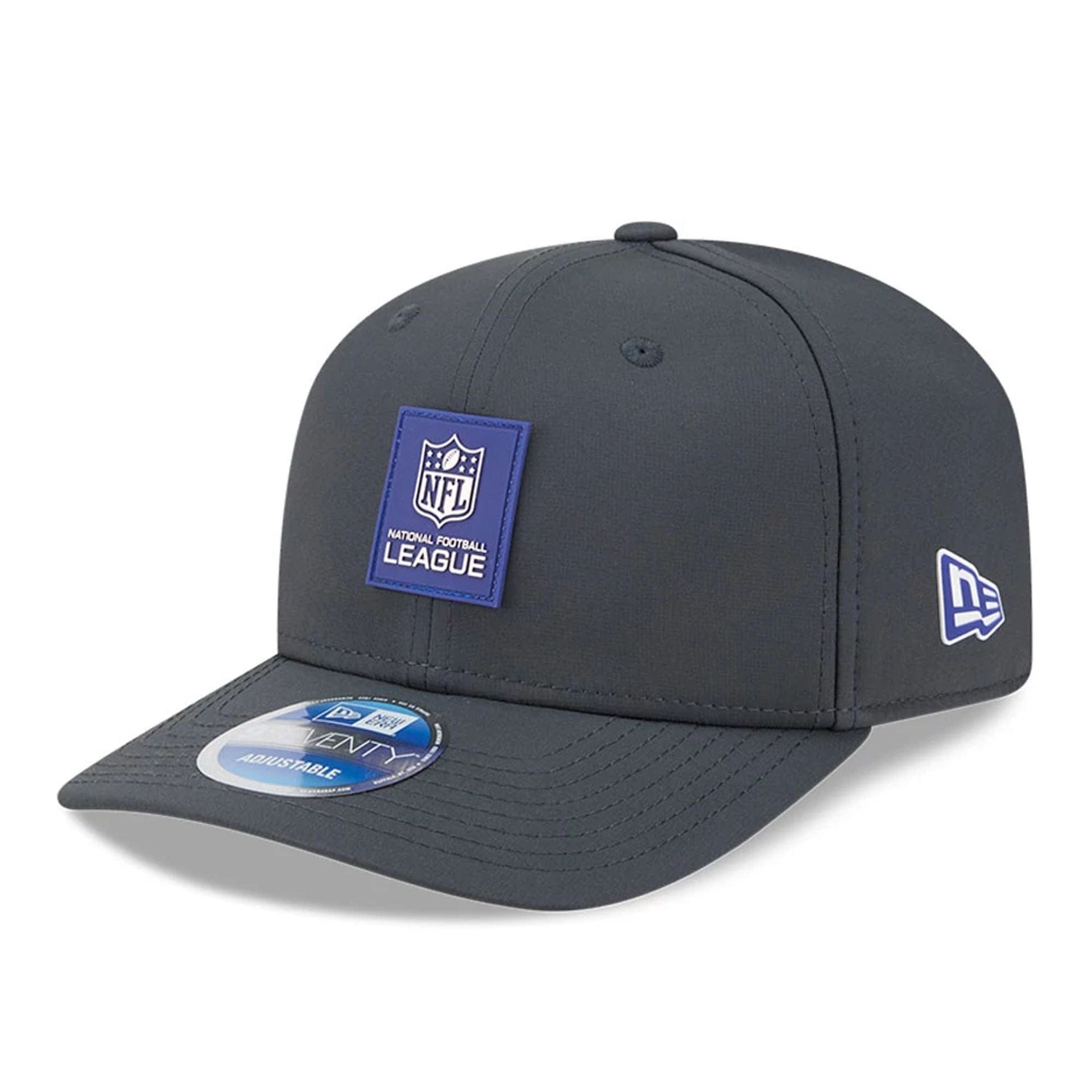 This is a Official Logo NFL Sideline 2025 Charcoal 9SEVENTY Stretch Snap Adjustable Cap 1