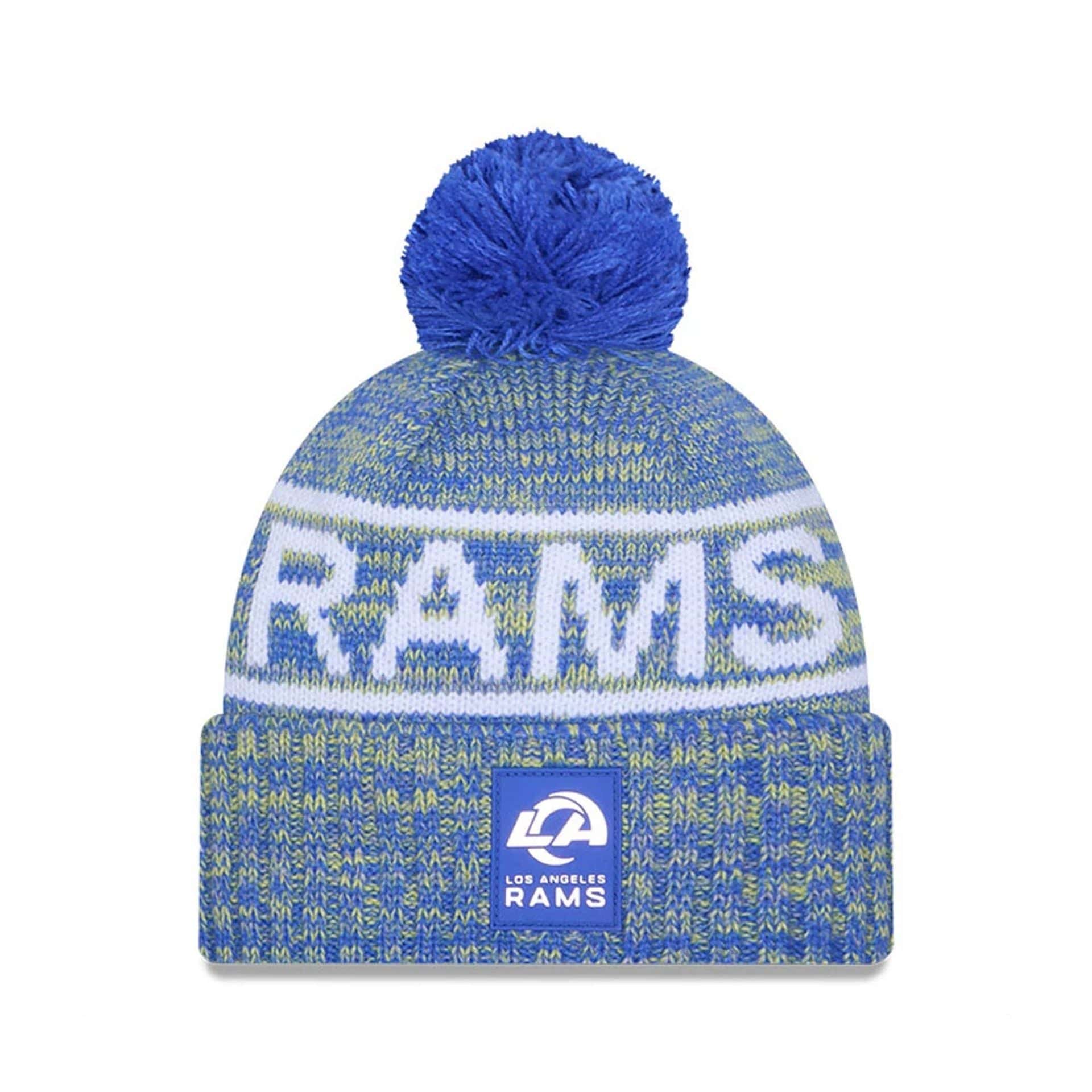 This is a LA Rams NFL Sideline 2025 Bright Blue Sport Knit Beanie Hat 1