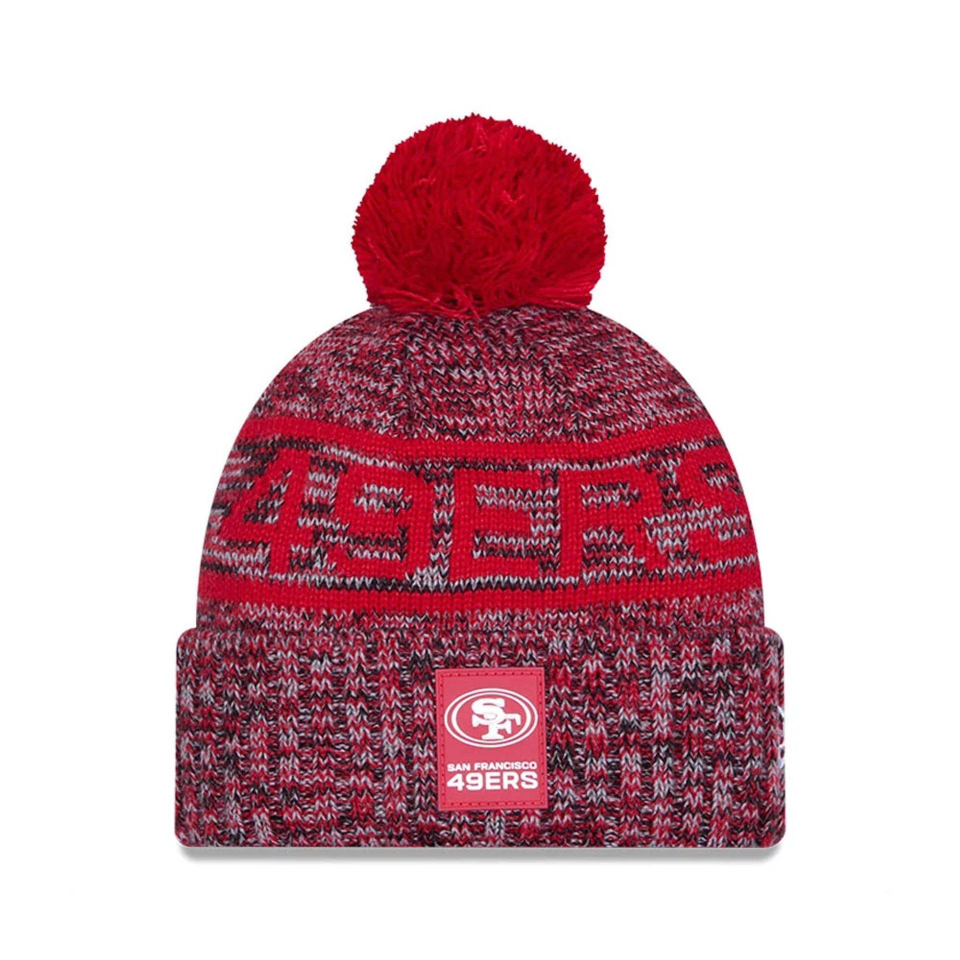 This is a San Francisco 49ers NFL Sideline 2025 Red Sport Knit Beanie Hat 1