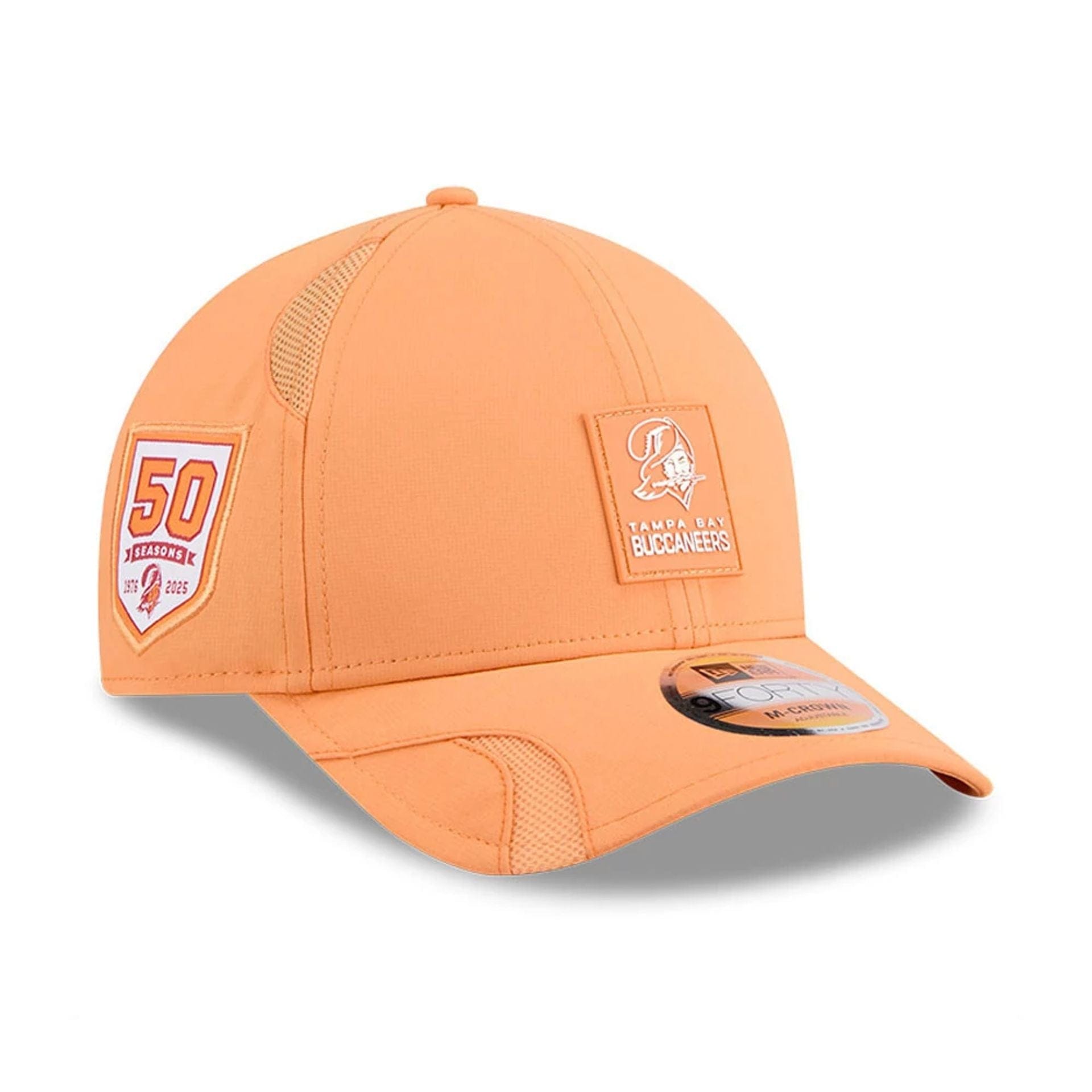 This is a Tampa Bay Buccaneers NFL Sideline 2025 Orange 9FORTY M-Crown Adjustable Cap 1