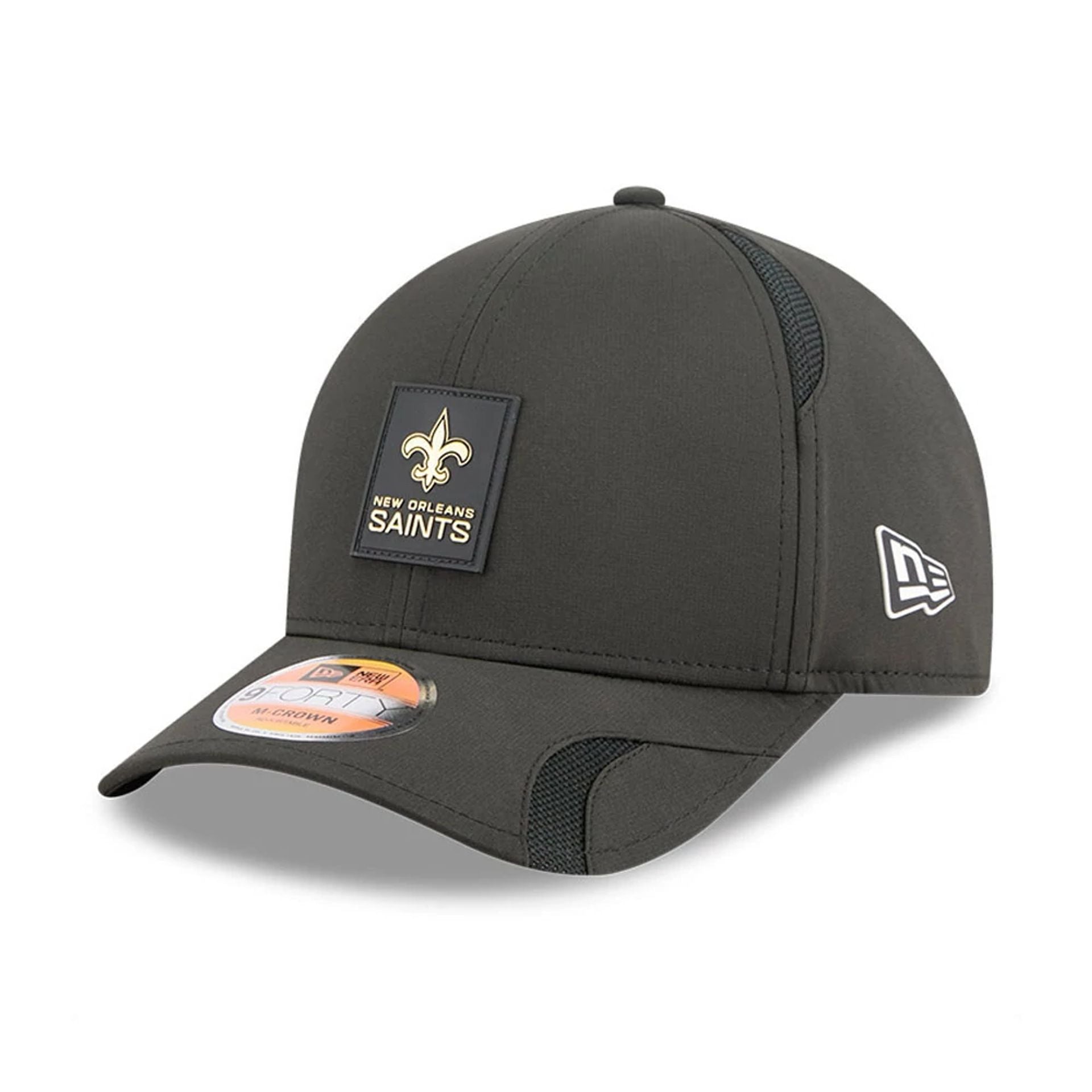 This is a New Orleans Saints NFL Sideline 2025 Black 9FORTY M-Crown Adjustable Cap 1