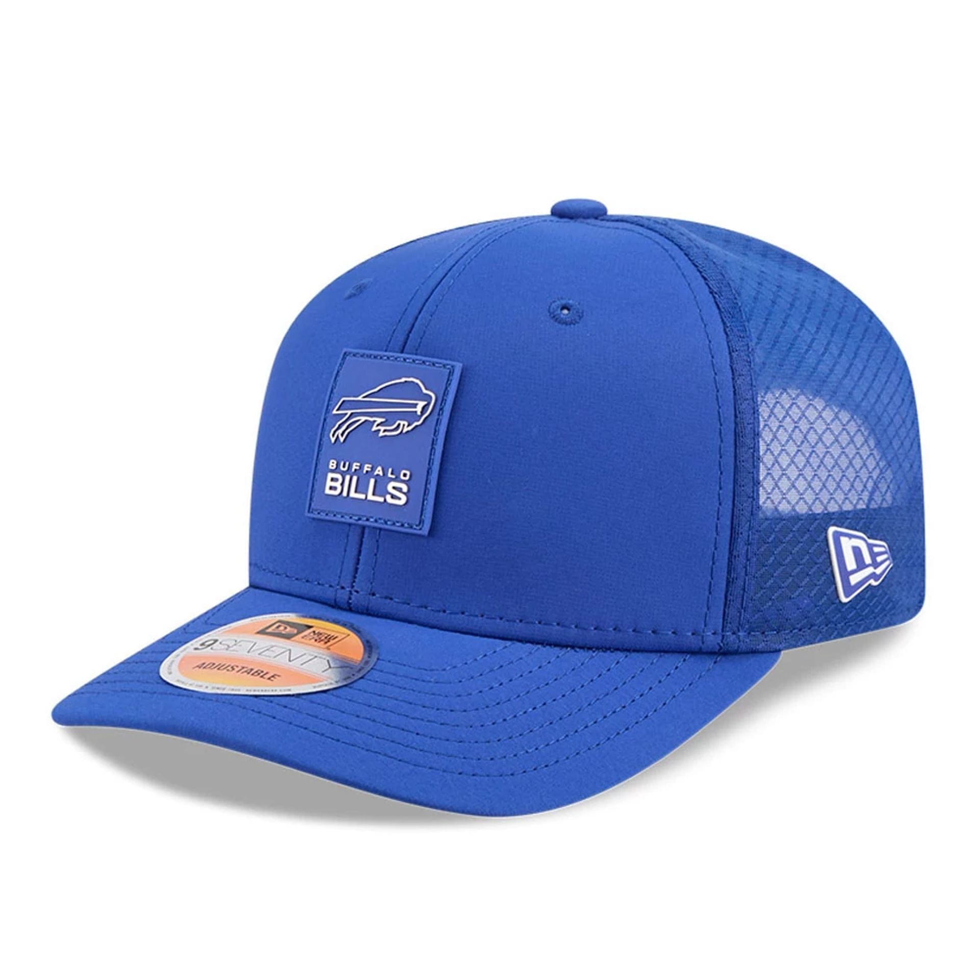 This is a Buffalo Bills NFL Sideline 2025 Blue 9SEVENTY Trucker Stretch Snap Adjustable Cap 1