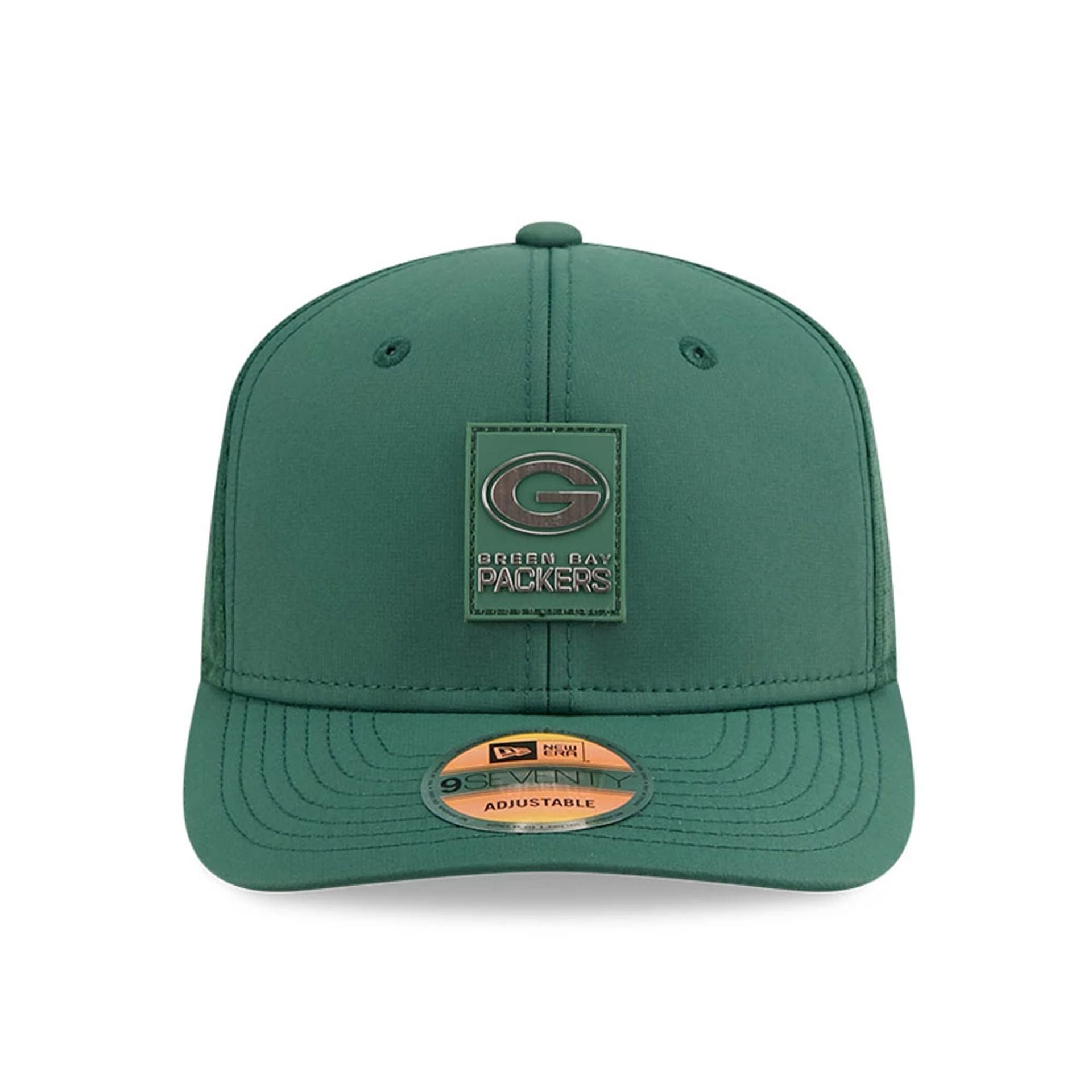 This is a Green Bay Packers NFL Sideline 2025 Dark Green 9SEVENTY Trucker Stretch Snap Adjustable Cap 2