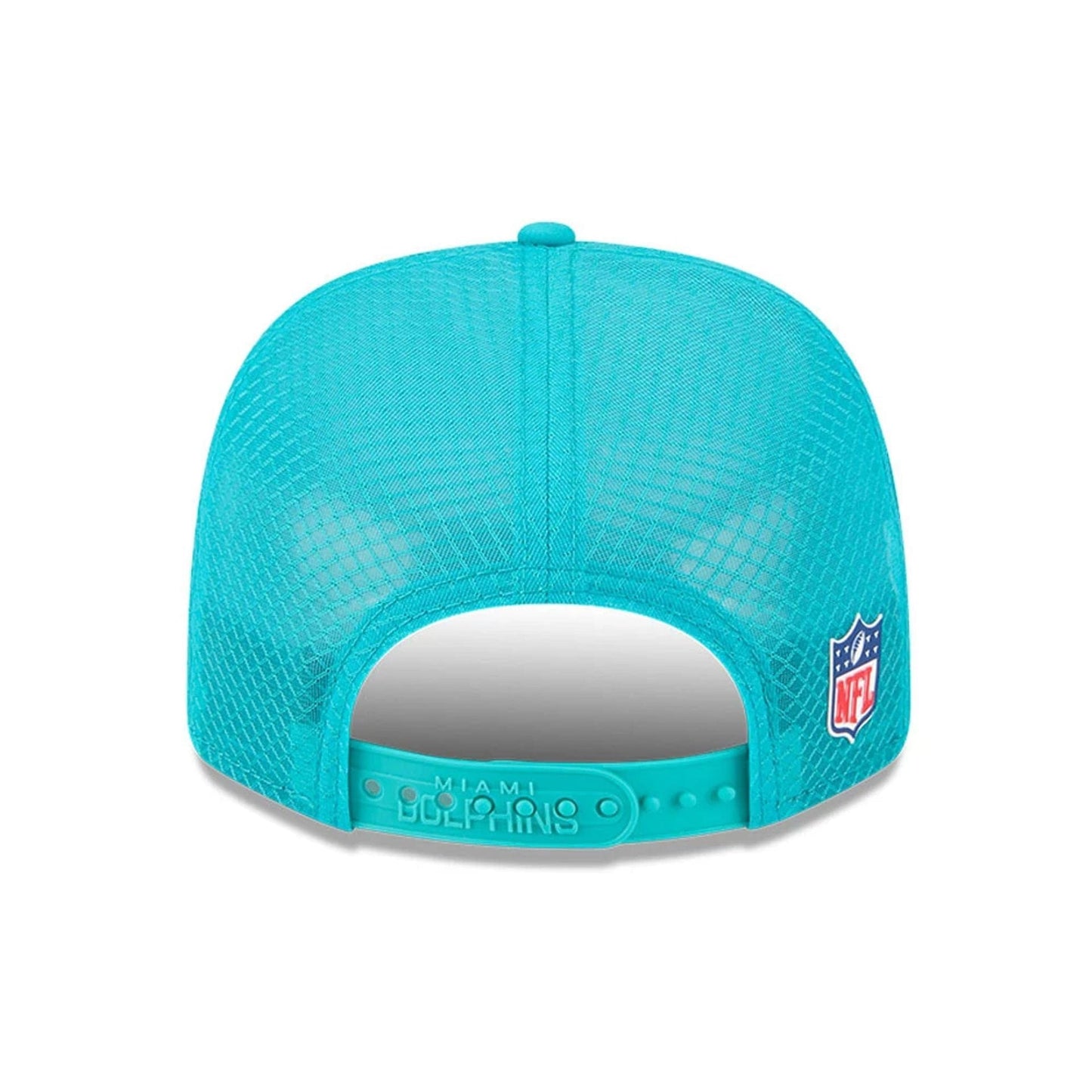 This is a Miami Dolphins NFL Sideline 2025 Turquoise 9SEVENTY Trucker Stretch Snap Adjustable Cap 7