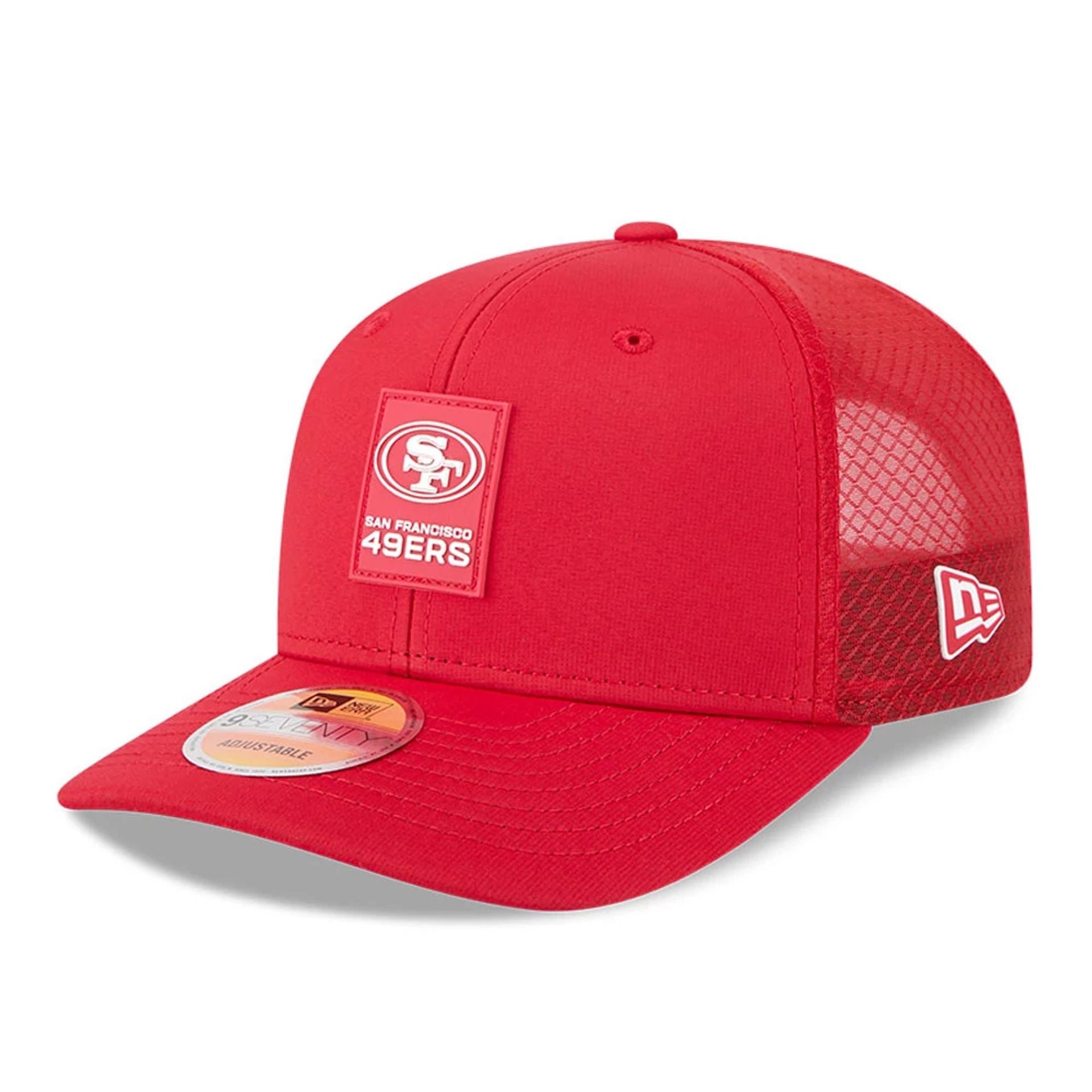 This is a San Francisco 49ers NFL Sideline 2025 Red 9SEVENTY Trucker Stretch Snap Adjustable Cap 1