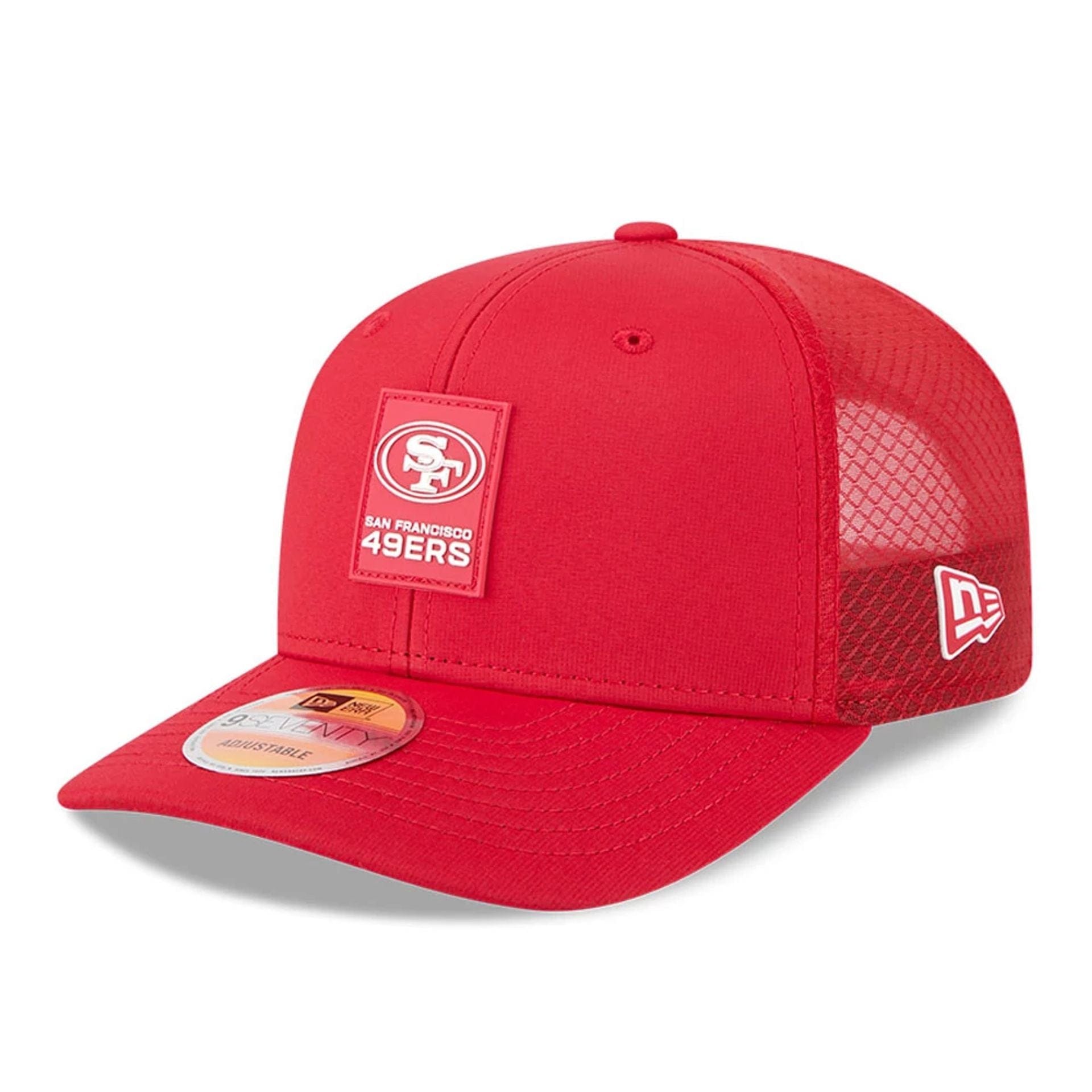 This is a San Francisco 49ers NFL Sideline 2025 Red 9SEVENTY Trucker Stretch Snap Adjustable Cap 1