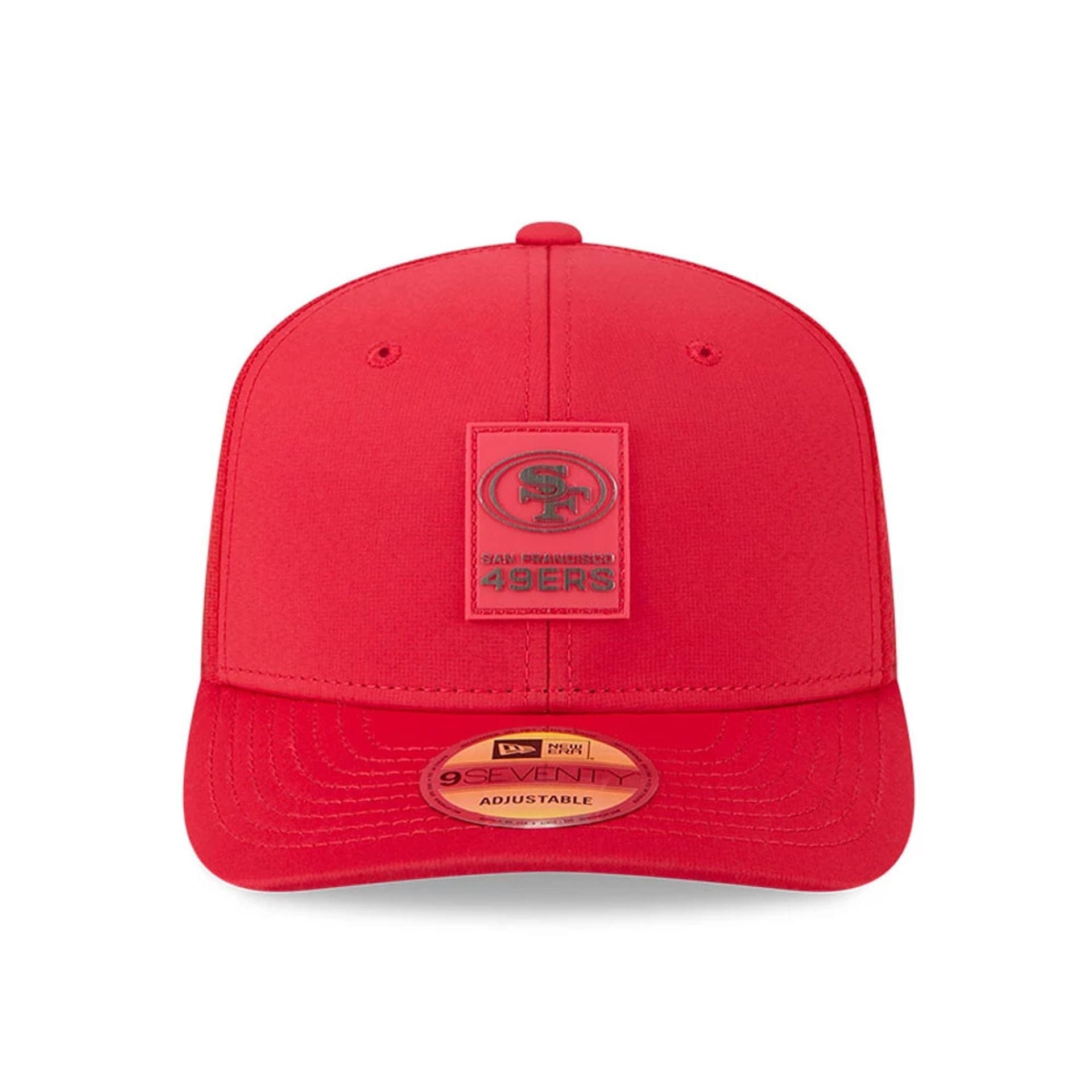 This is a San Francisco 49ers NFL Sideline 2025 Red 9SEVENTY Trucker Stretch Snap Adjustable Cap 2