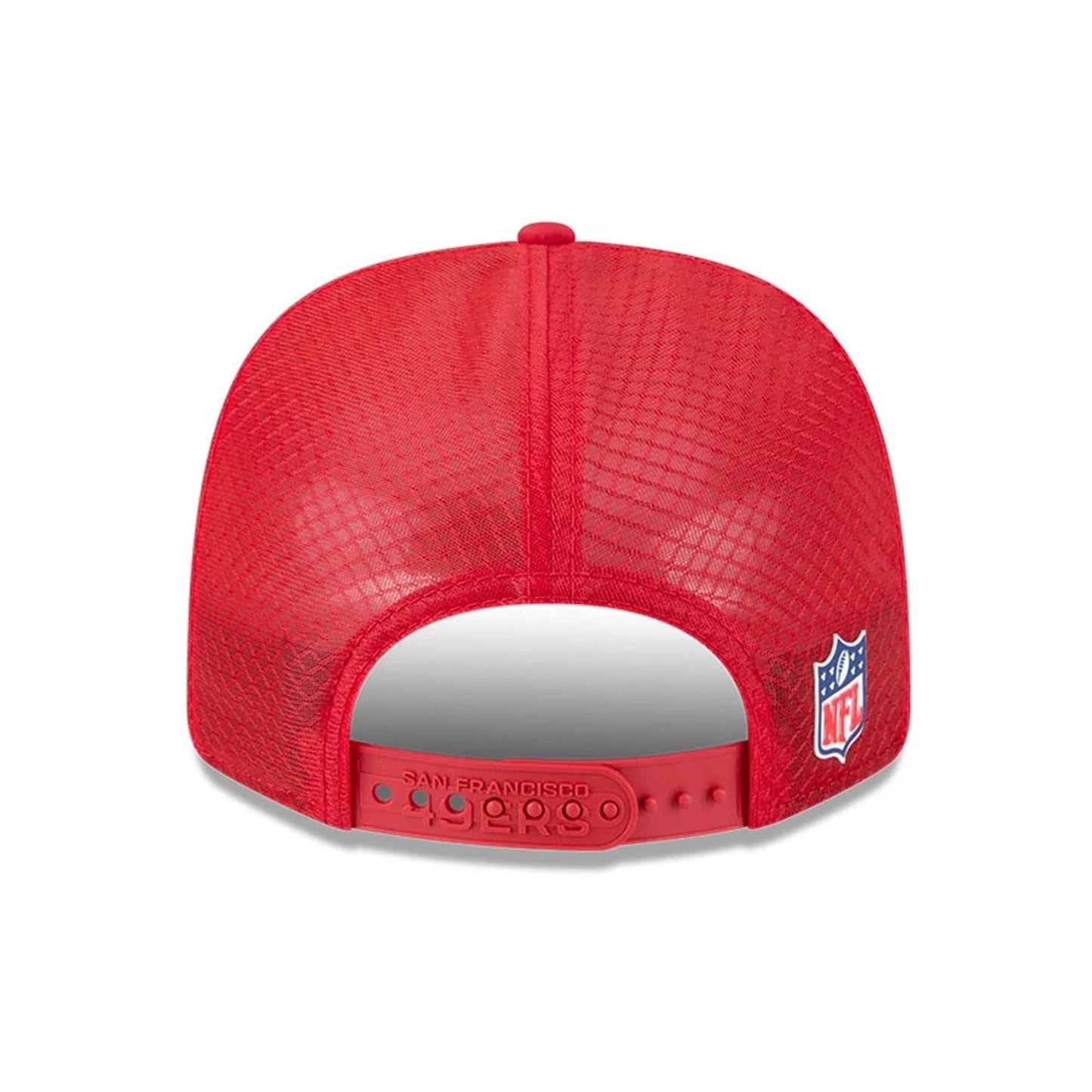 This is a San Francisco 49ers NFL Sideline 2025 Red 9SEVENTY Trucker Stretch Snap Adjustable Cap 7