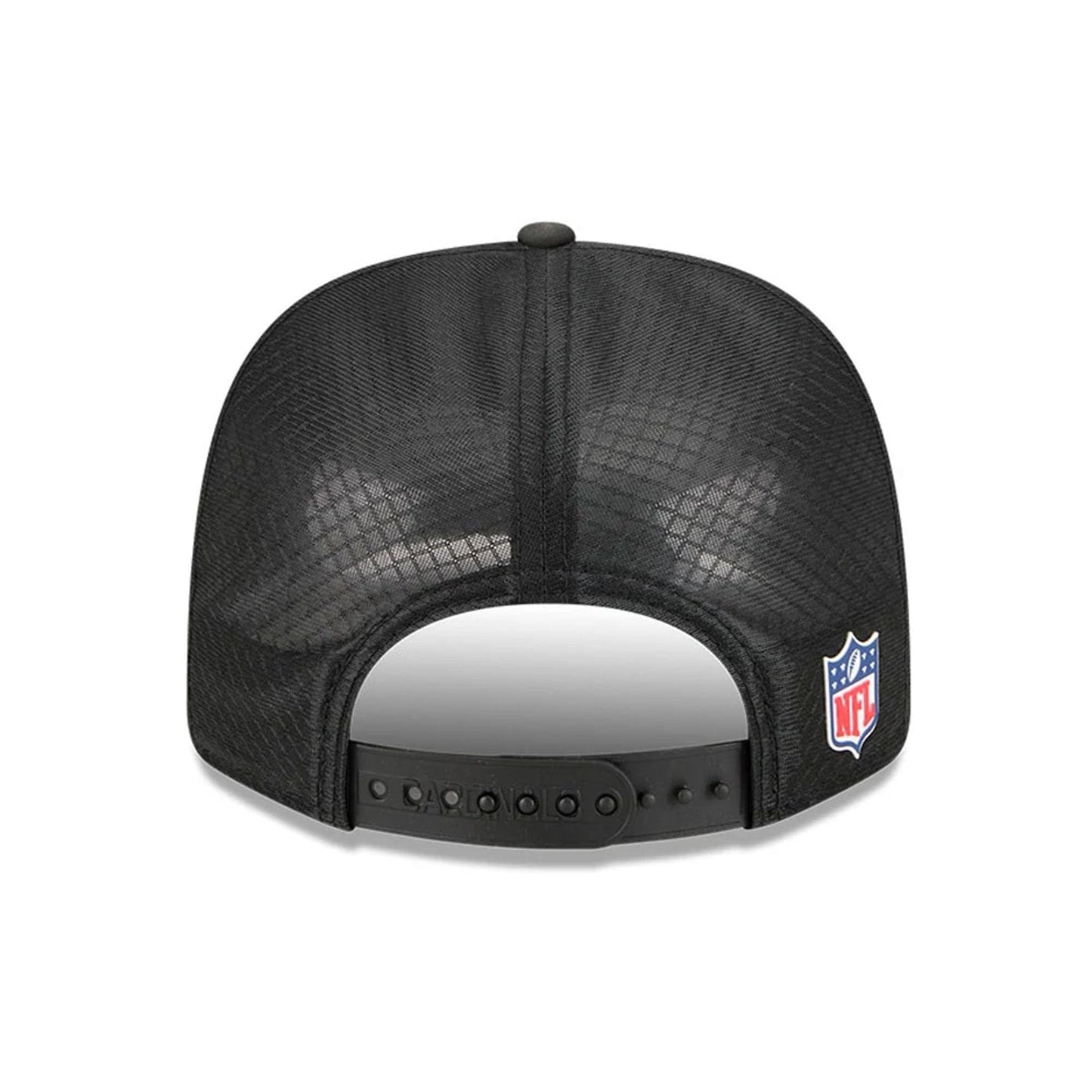 This is a Arizona Cardinals NFL Sideline 2025 Black 9SEVENTY Trucker Stretch Snap Adjustable Cap 7