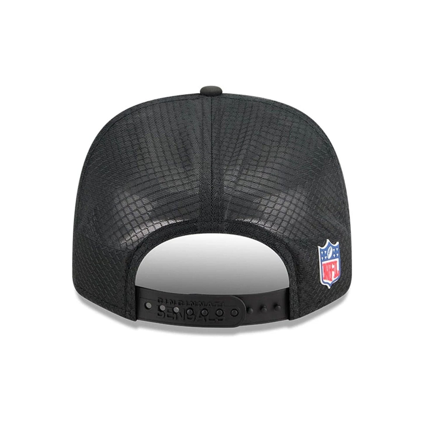 This is a Cincinnati Bengals NFL Sideline 2025 Black 9SEVENTY Trucker Stretch Snap Adjustable Cap 7