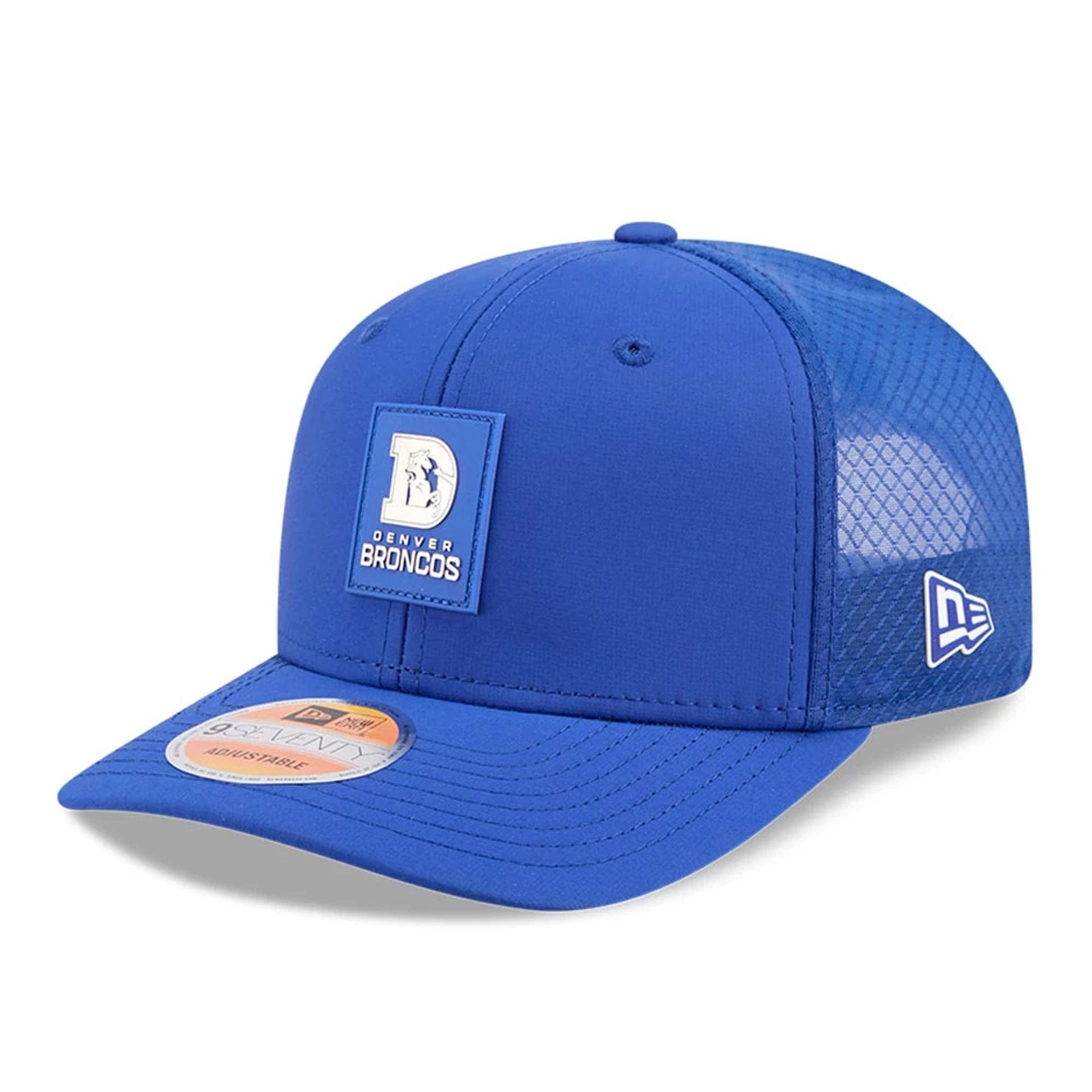 This is a Denver Broncos NFL Sideline 2025 Blue 9SEVENTY Trucker Stretch Snap Adjustable Cap 1