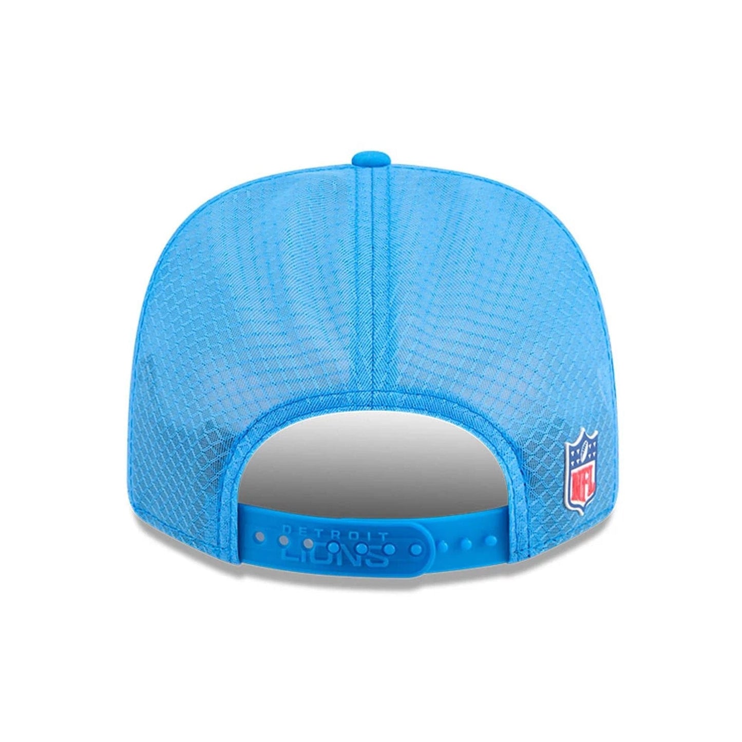 This is a Detroit Lions NFL Sideline 2025 Blue 9SEVENTY Trucker Stretch Snap Adjustable Cap 7