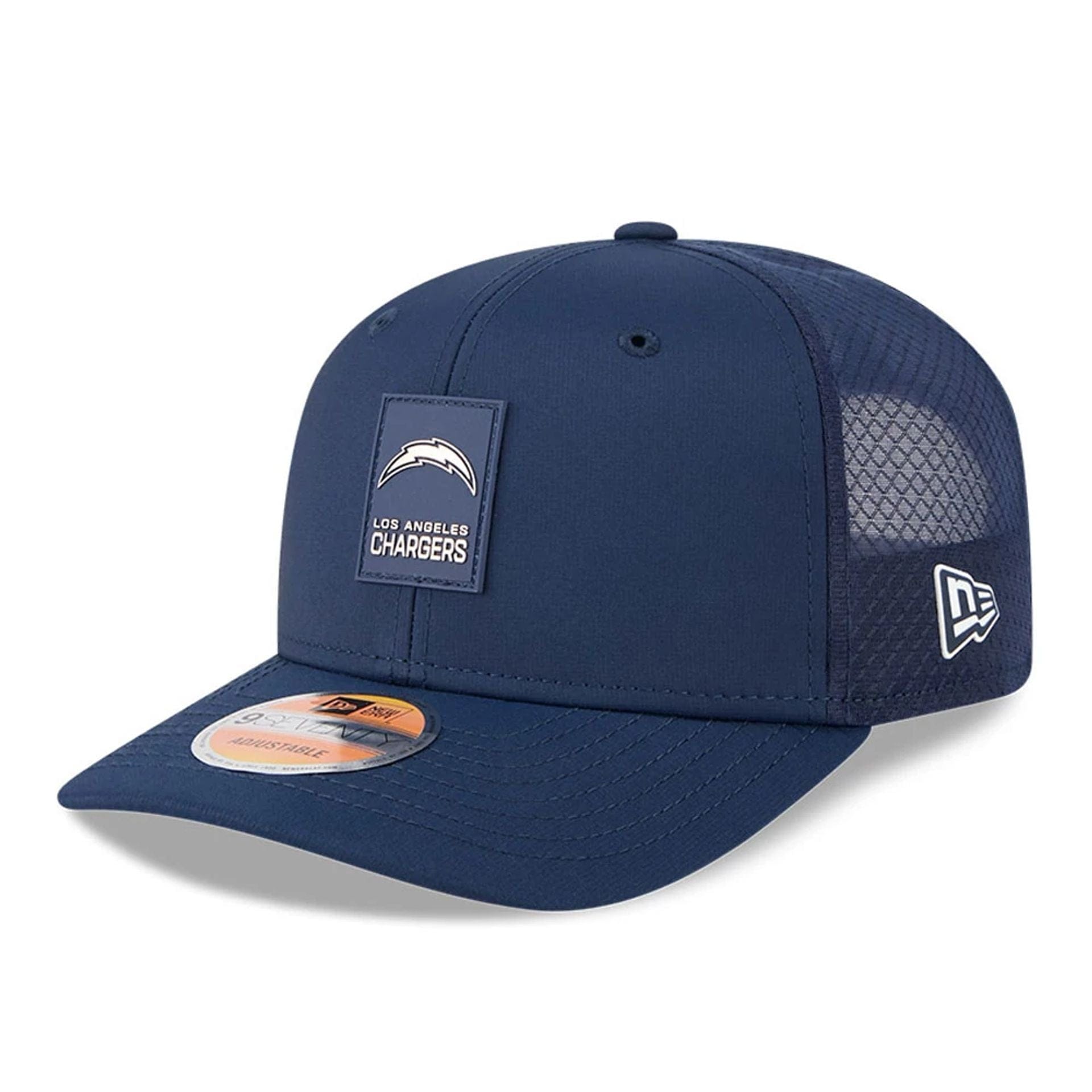 This is a LA Chargers NFL Sideline 2025 Blue 9SEVENTY Trucker Stretch Snap Adjustable Cap 1