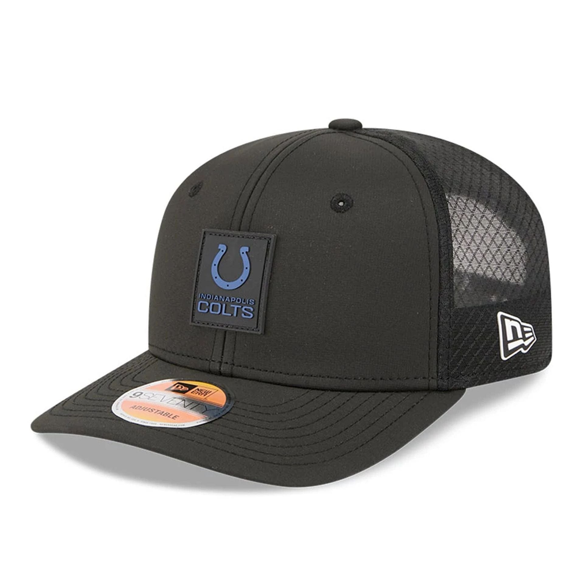 This is a Indianapolis Colts NFL Sideline 2025 Black 9SEVENTY Trucker Stretch Snap Adjustable Cap 1