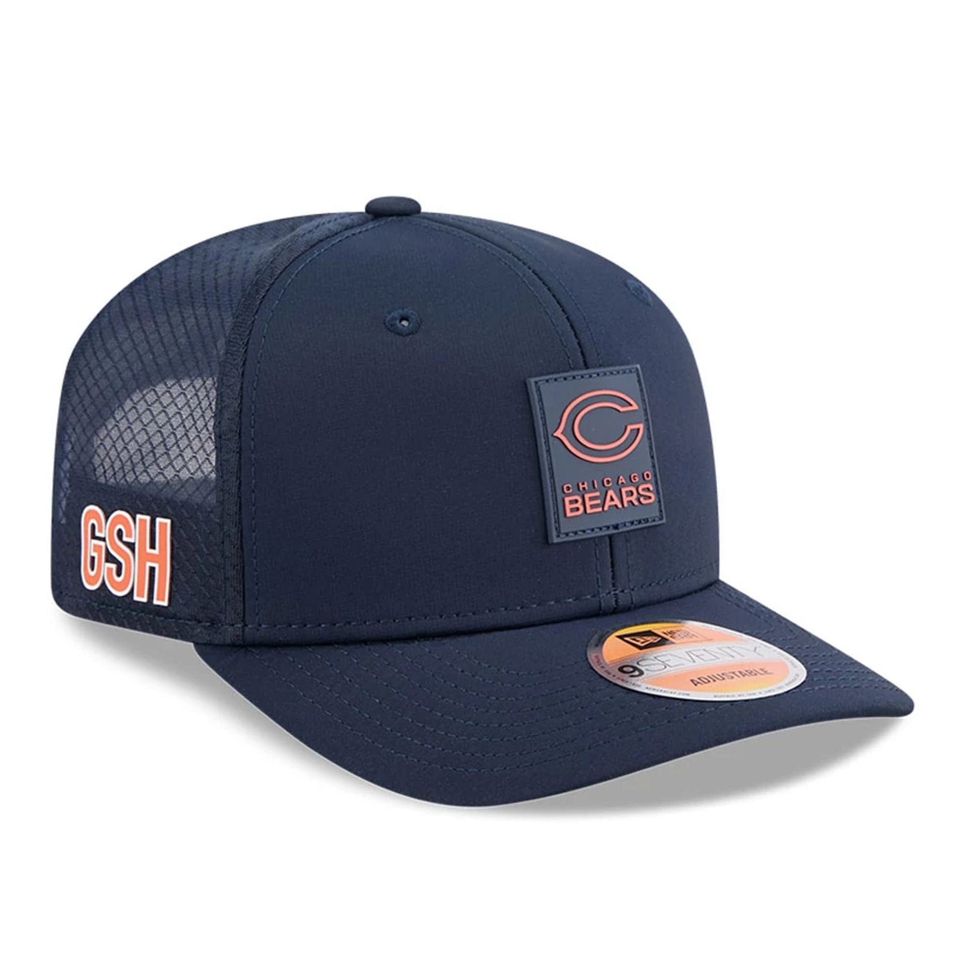 This is a Chicago Bears NFL Sideline 2025 Navy 9SEVENTY Trucker Stretch Snap Adjustable Cap 1