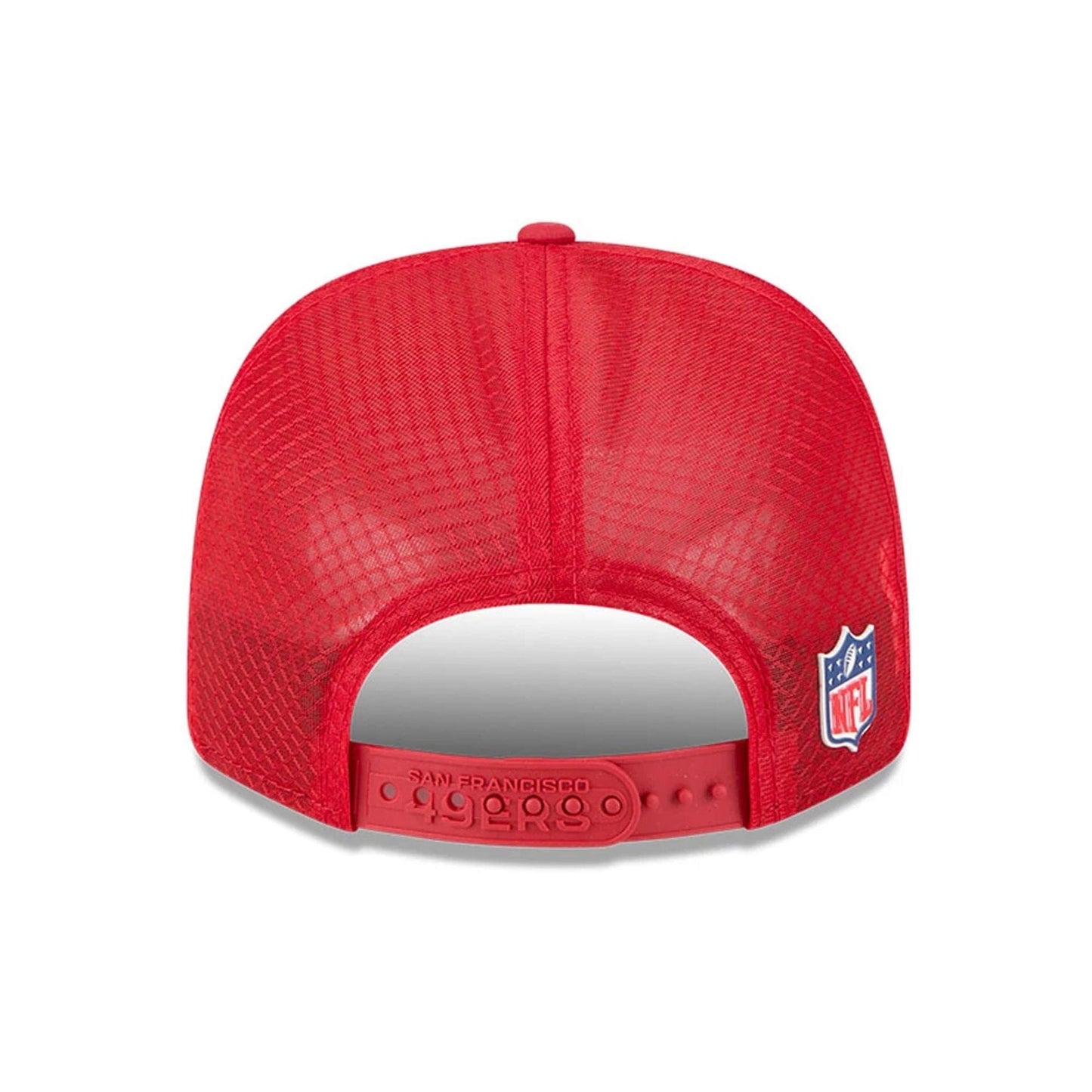 This is a San Francisco 49ers NFL Sideline 2025 Red 9SEVENTY Trucker Stretch Snap Adjustable Cap 7