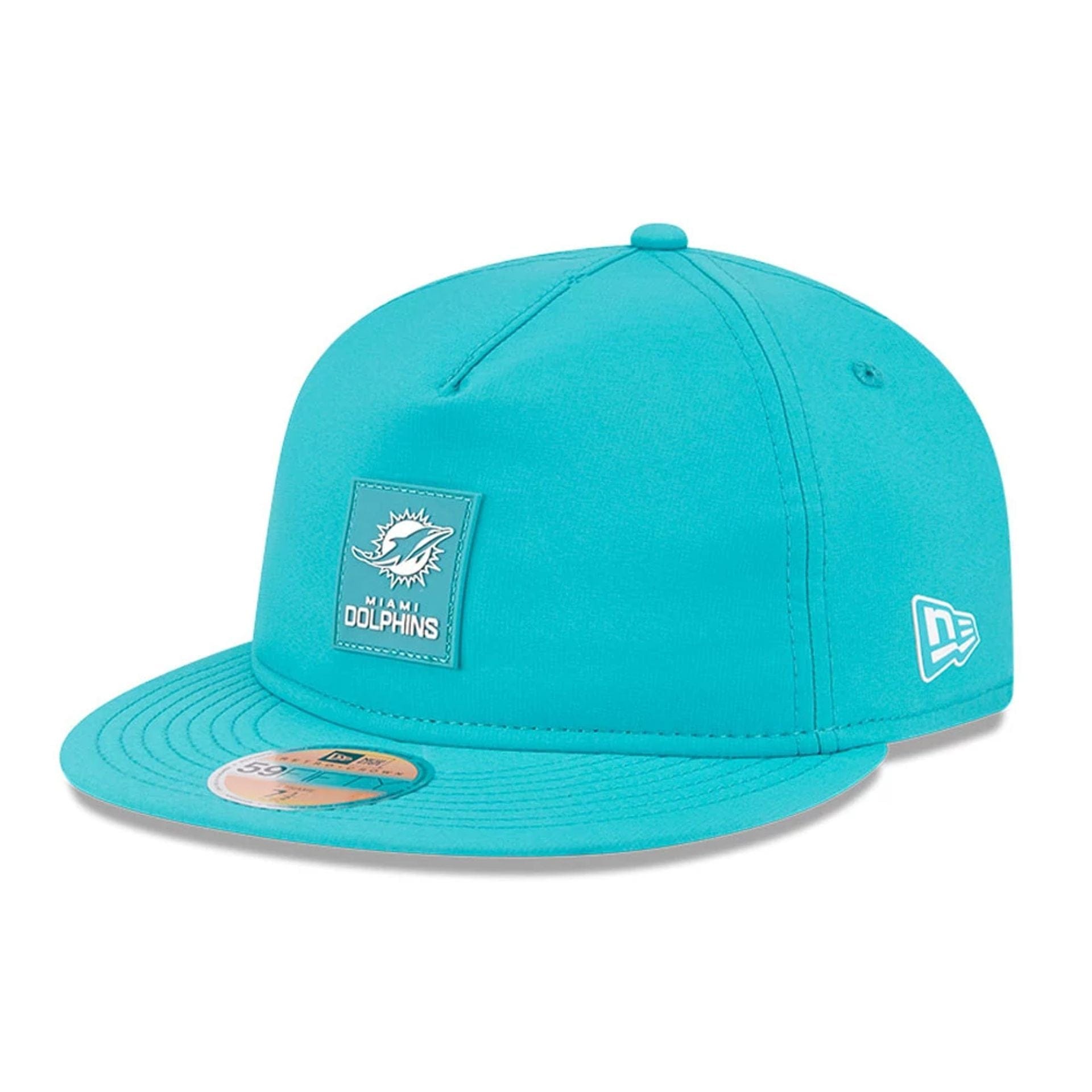 This is a Miami Dolphins NFL Sideline 2025 Turquoise Retro Crown 59FIFTY Fitted Cap 1