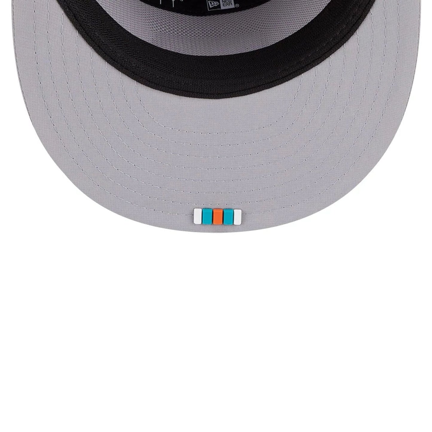 This is a Miami Dolphins NFL Sideline 2025 Grey 9FIFTY Split Panel Snapback Adjustable Cap 7