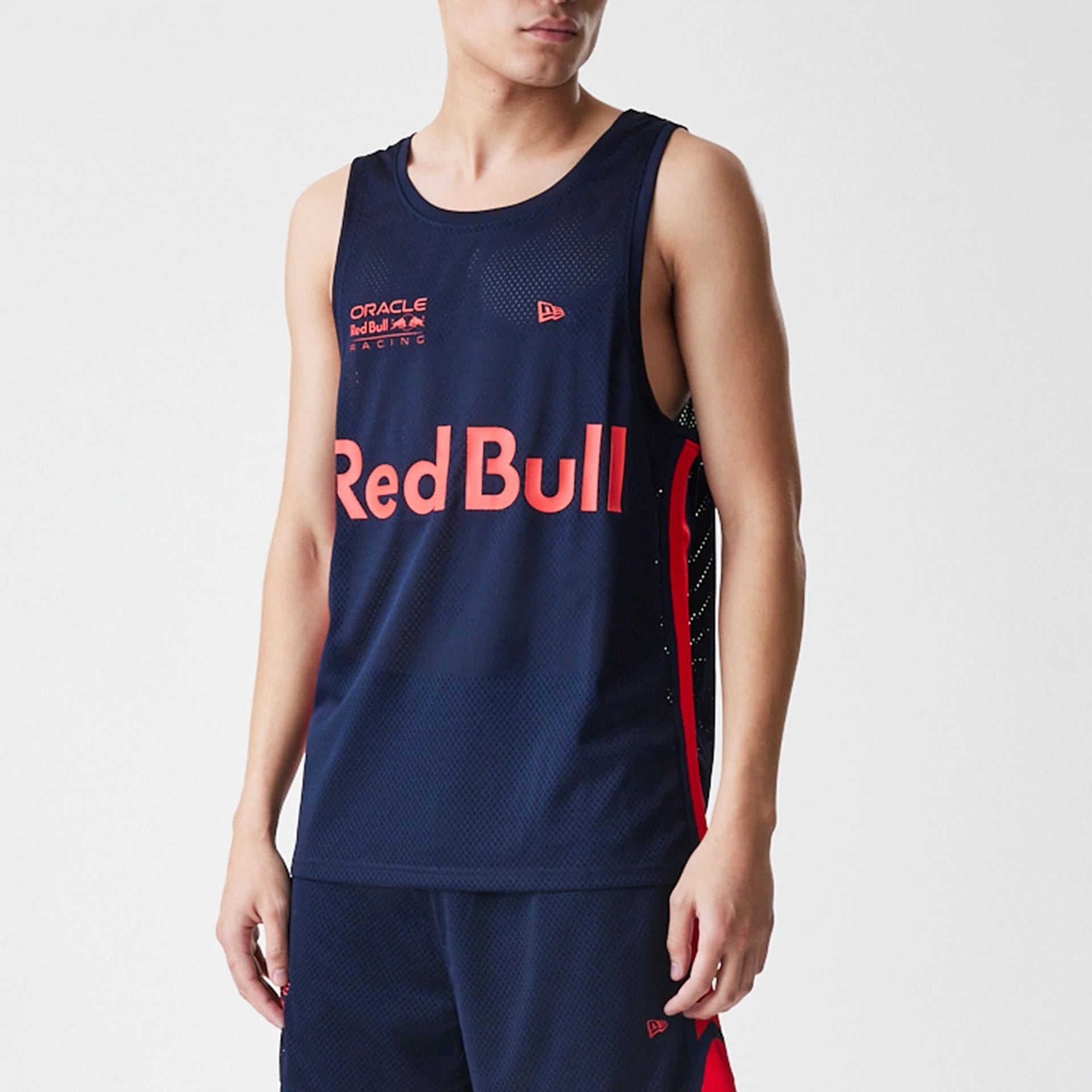 The Male model is wearing Red Bull Racing Basketball Mesh Dark Blue Sleeveless T-Shirt 2