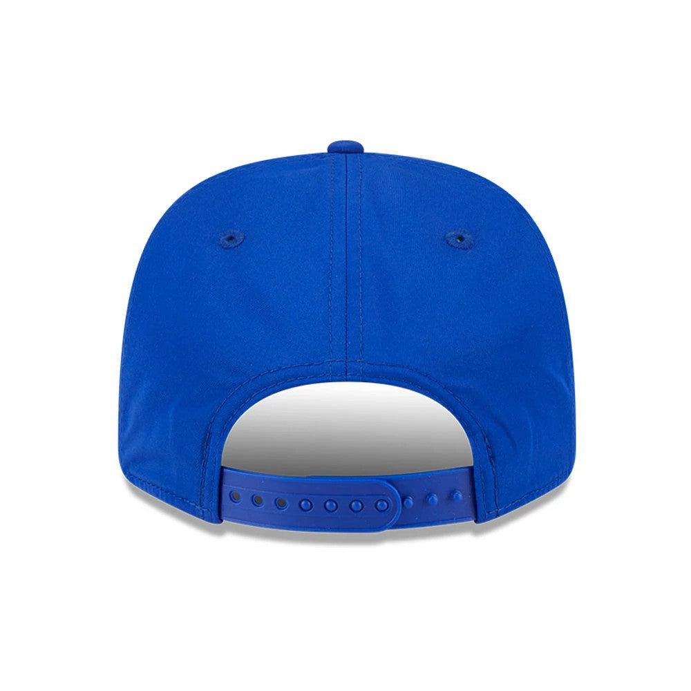Buffalo Bills NFL Coach Blue New Era 9SEVENTY Stretch Snap Adjustable Cap, rear view showing the adjustable blue snap closure and a structured crown with matching eyelets and top button.