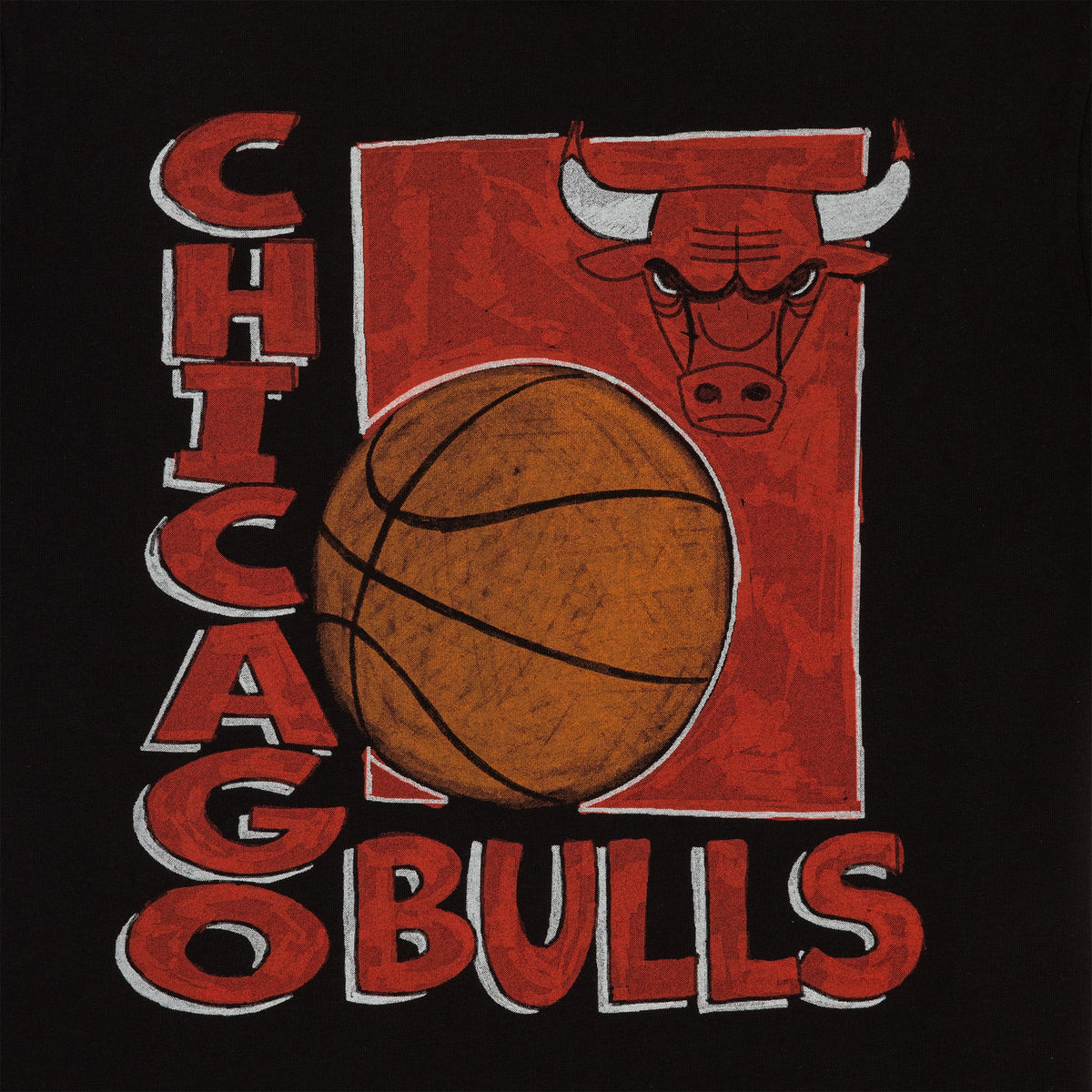 New Era Chicago Bulls NBA Basketball Script Black T-Shirt, front view featuring a printed graphic with the word Chicago vertically aligned next to a large orange basketball and the word Bulls beneath it, all set against a red background.