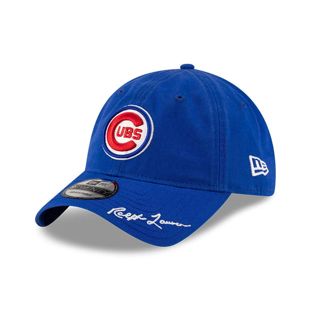 Chicago Cubs Ralph Lauren X MLB Open Blue New Era 9TWENTY Adjustable Cap, three-quarter view showing the raised embroidered Cubs logo on the front panel, with a pre-curved blue visor and Ralph Lauren script on the edge.