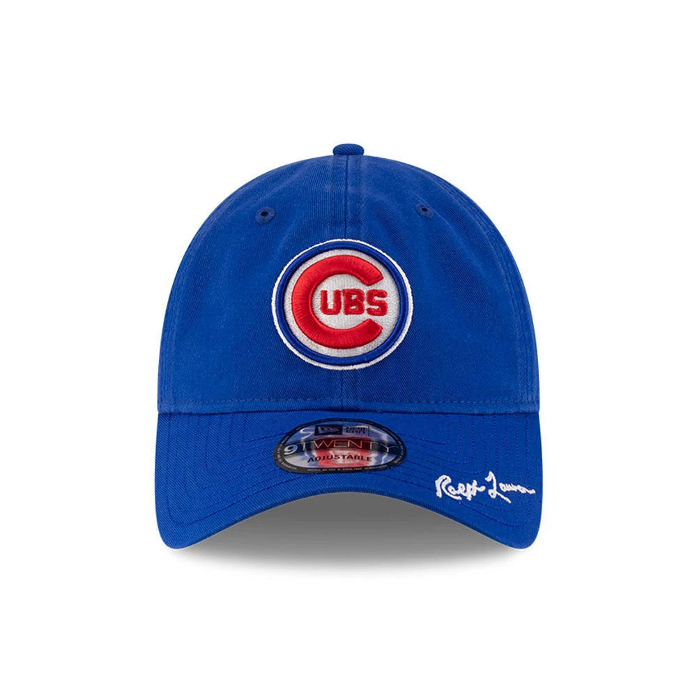 Chicago Cubs Ralph Lauren X MLB Open Blue New Era 9TWENTY Adjustable Cap, front view with the red and white Cubs logo in raised embroidery on the blue crown, curved visor with a 9TWENTY size sticker and Ralph Lauren signature on the right side.