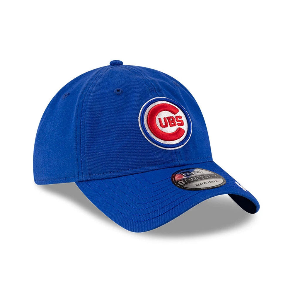 Chicago Cubs Ralph Lauren X MLB Open Blue New Era 9TWENTY Adjustable Cap, three-quarter view showing the red and white Cubs logo in raised embroidery on the front panel, with a navy curved visor and 9TWENTY size sticker.