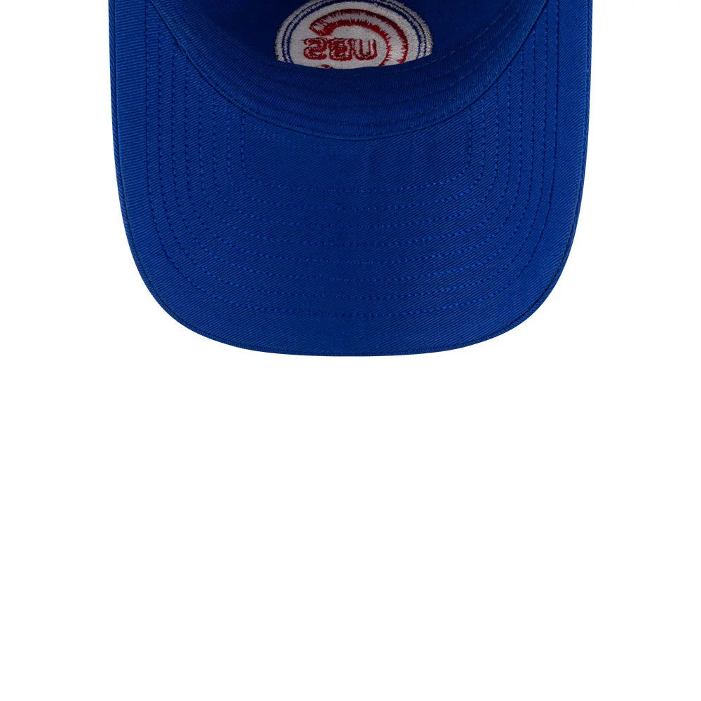 Chicago Cubs Ralph Lauren X MLB Open Blue New Era 9TWENTY Adjustable Cap, inside view showing a red embroidered Cubs logo on the sweatband and a curved blue undervisor with detailed stitching.