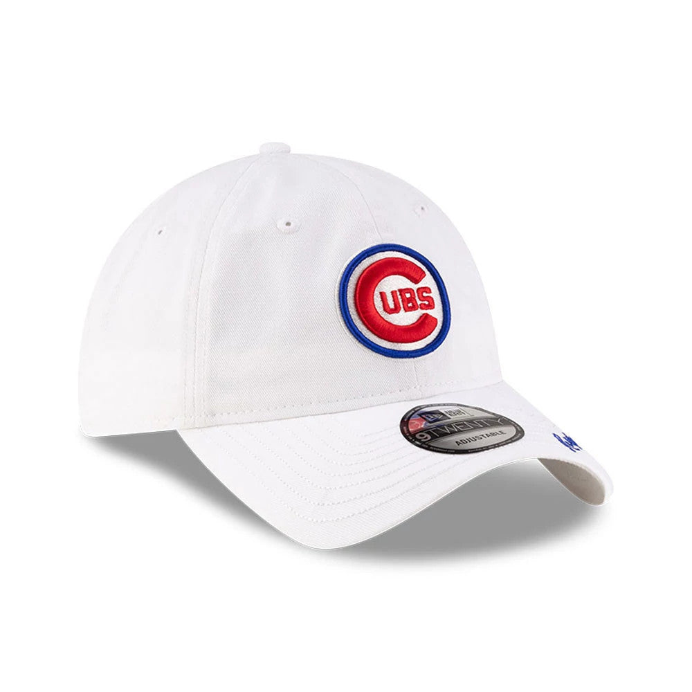 Chicago Cubs Ralph Lauren X MLB Open White New Era 9TWENTY Adjustable Cap, three-quarter view showing the red and blue embroidered Chicago Cubs logo on the front panel, with a curved white visor and a grey 9TWENTY size sticker.