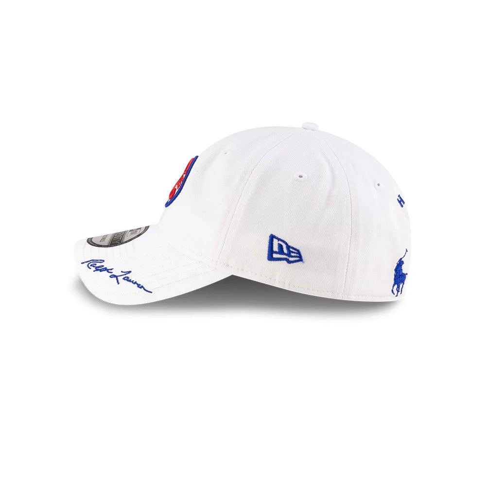 Chicago Cubs Ralph Lauren X MLB Open White New Era 9TWENTY Adjustable Cap, side view with blue embroidered New Era flag logo and Polo player on the white crown, complemented by a Ralph Lauren signature on the curved visor.