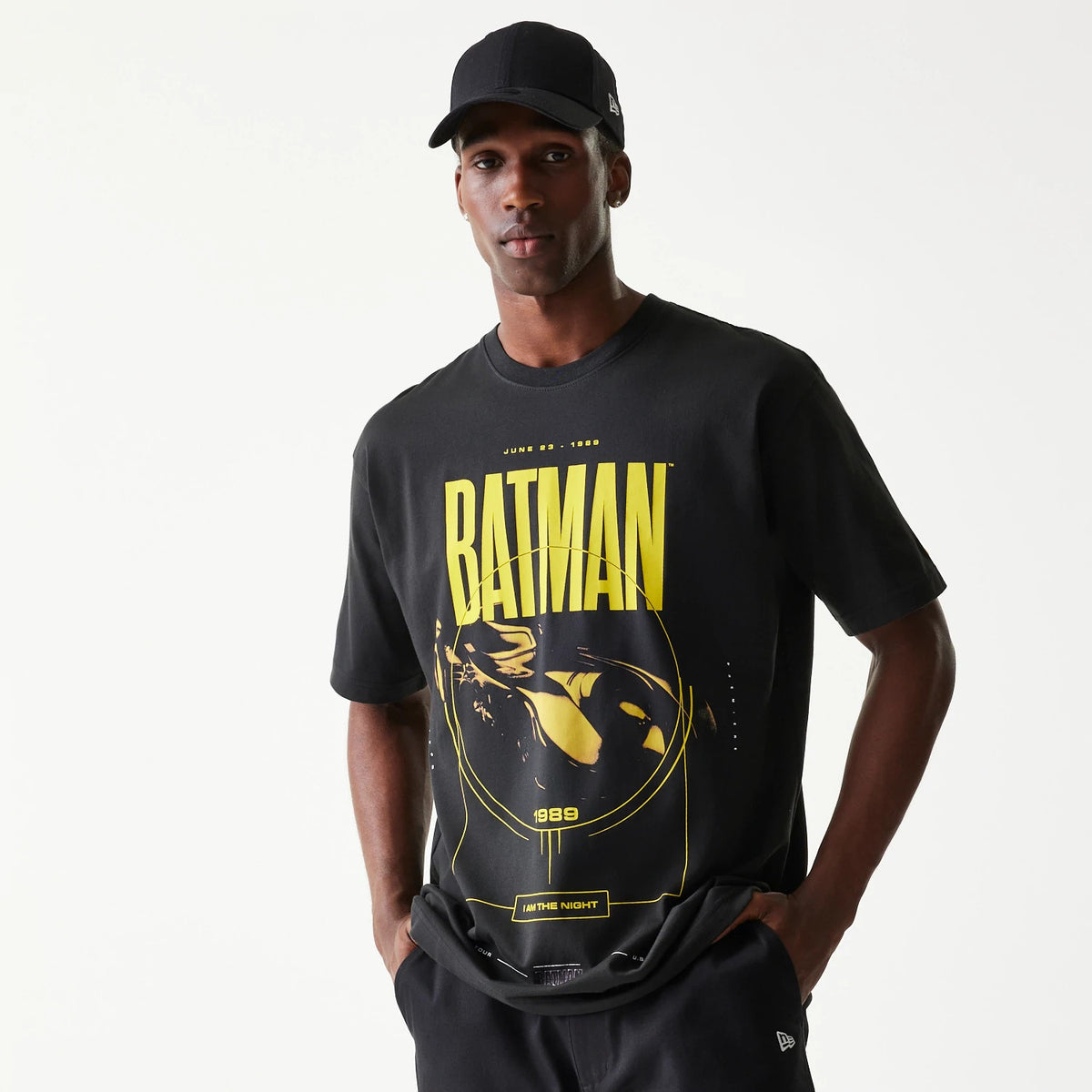 The Male model is wearing Batman Batmobile Black T-Shirt 8