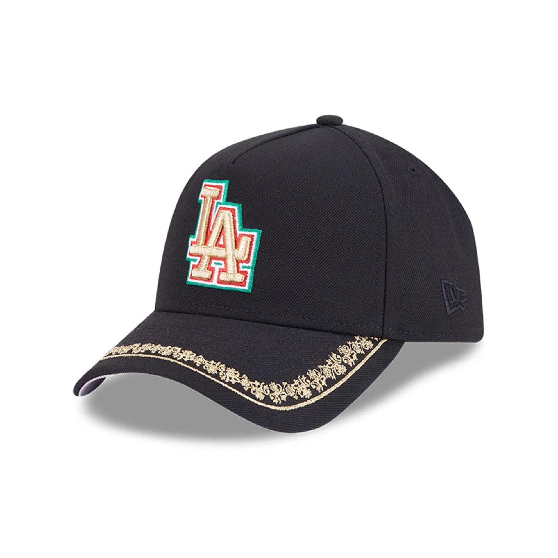 This is a LA Dodgers Ornate Visor Black 9FORTY A-Frame Adjustable Cap 1