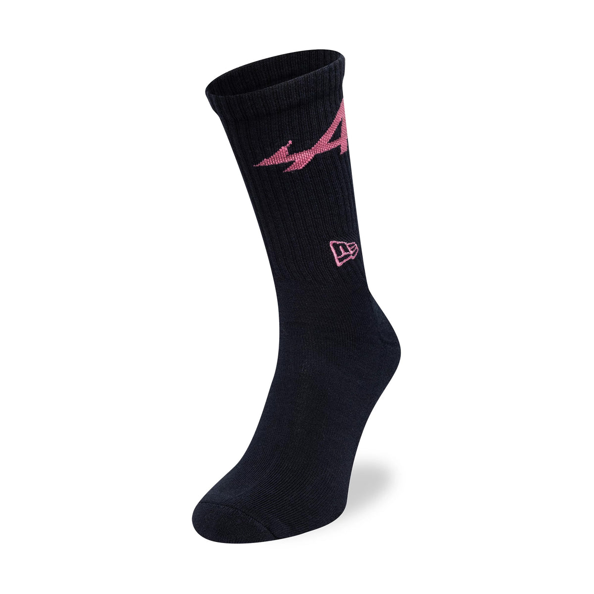 New Era Alpine Racing Alpine Logo Navy 3 Pack Crew Socks, three-quarter view showing a navy sock with a pink printed Alpine logo across the upper ankle and a pink embroidered New Era logo near the heel.